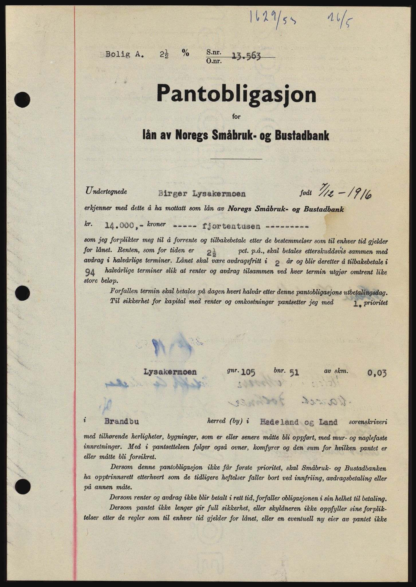 Hadeland og Land tingrett, SAH/TING-010/H/Hb/Hbc/L0027: Pantebok nr. B27, 1953-1953, Dagboknr: 1629/1953