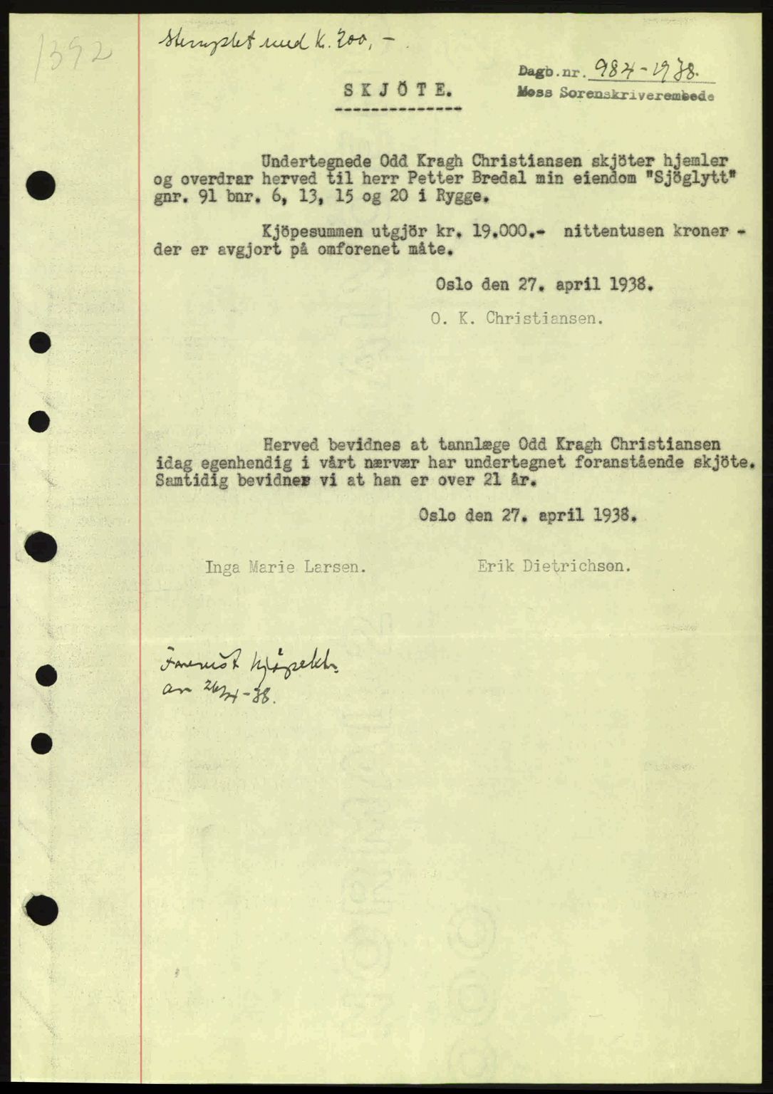 Moss sorenskriveri, SAO/A-10168: Pantebok nr. A4, 1938-1938, Dagboknr: 984/1938