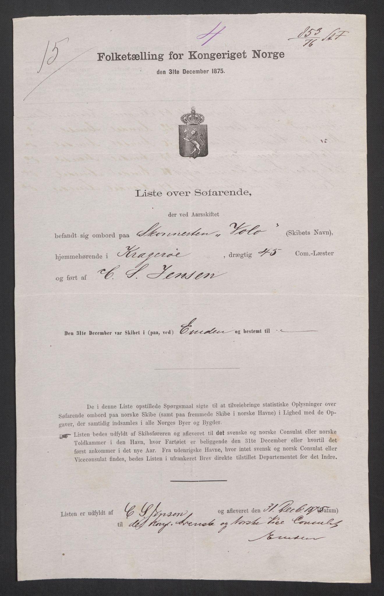 RA, Folketelling 1875, skipslister: Skip i utenrikske havner, hjemmehørende i byer og ladesteder, Fredrikshald - Arendal, 1875, s. 627