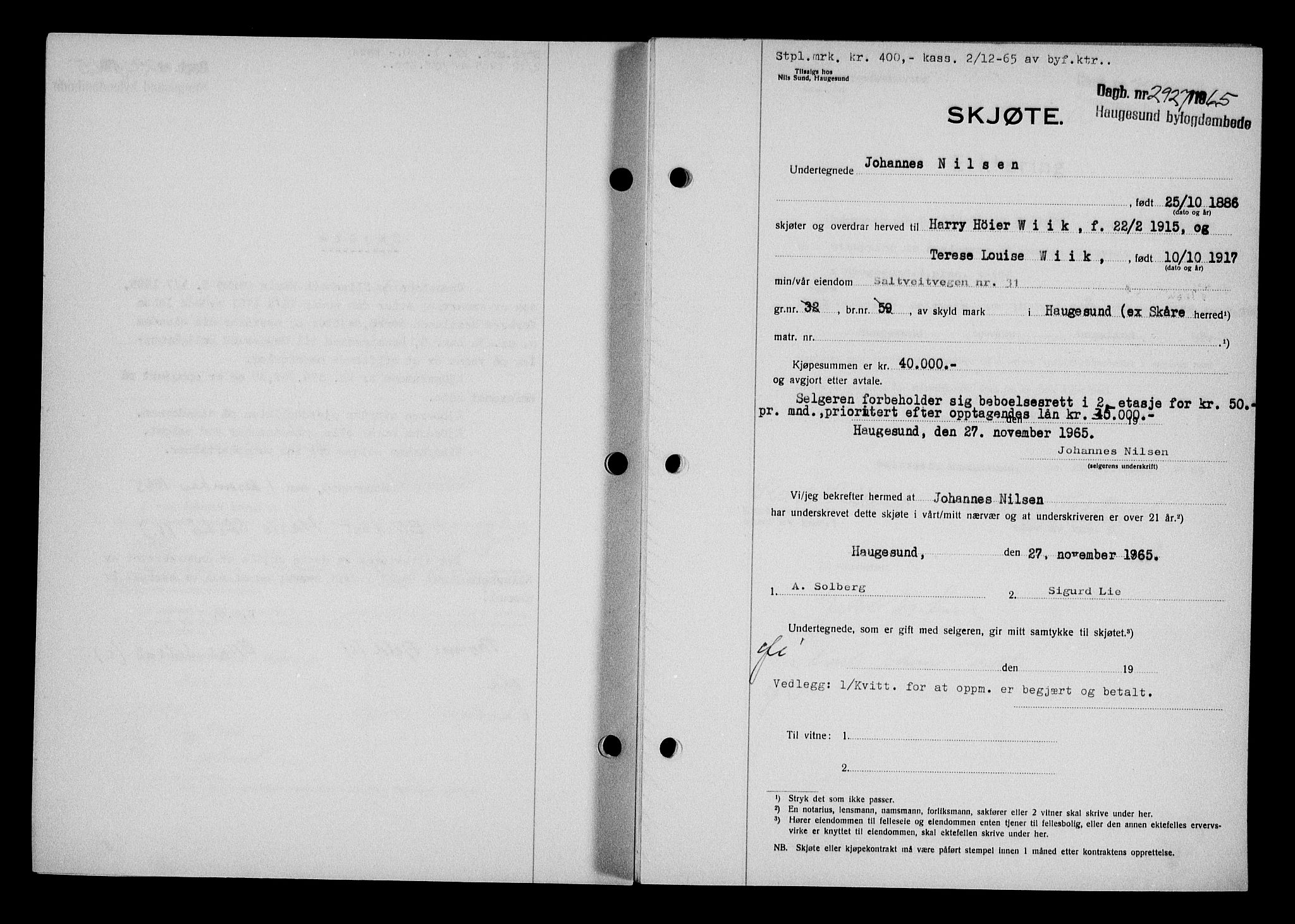 Haugesund tingrett, AV/SAST-A-101415/01/II/IIC/L0076: Pantebok nr. A 17, 1965-1966, Dagboknr: 2927/1965