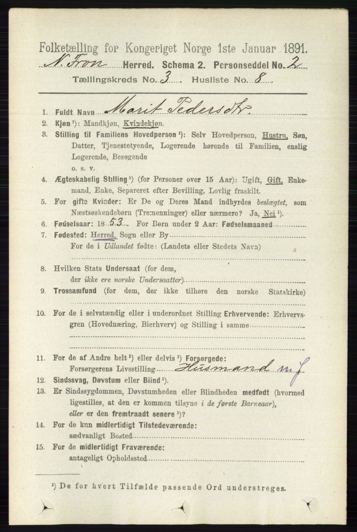 RA, Folketelling 1891 for 0518 Nord-Fron herred, 1891, s. 890