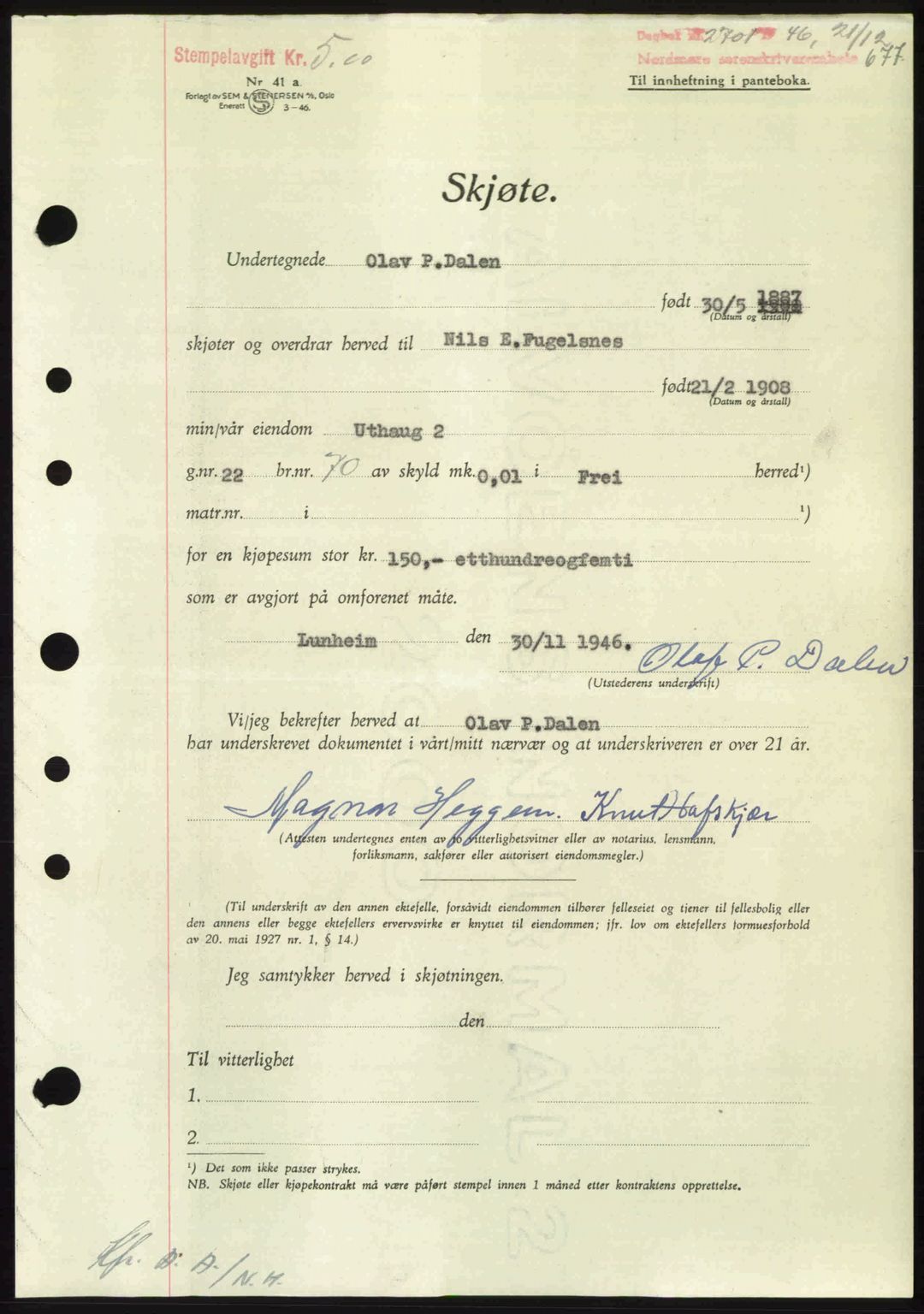 Nordmøre sorenskriveri, SAT/A-4132/1/2/2Ca: Pantebok nr. A103, 1946-1947, Dagboknr: 2701/1946