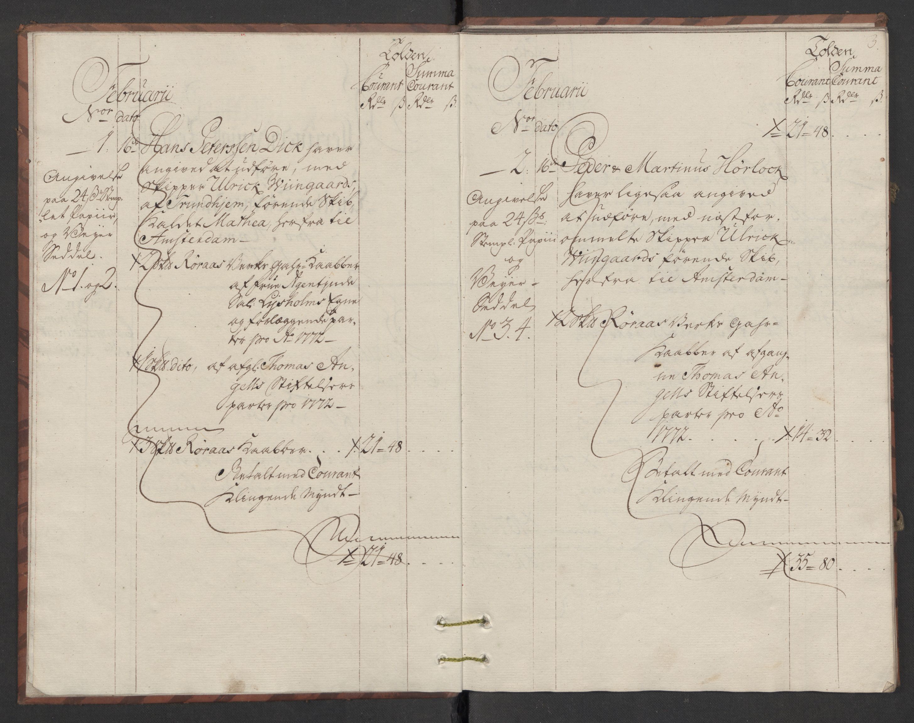 Generaltollkammeret, tollregnskaper, AV/RA-EA-5490/R34/L0023/0001: Koppertollregnskaper Trondheim B / Tollbok for koppertollen, 1773