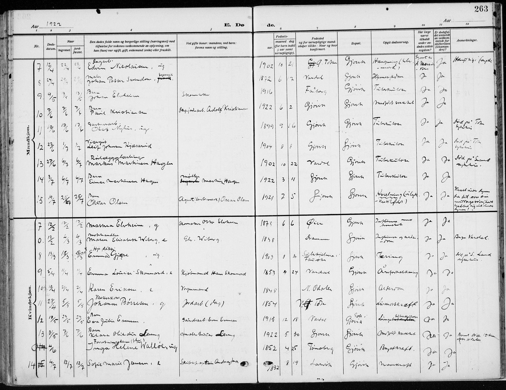 Vardal prestekontor, SAH/PREST-100/H/Ha/Haa/L0014: Ministerialbok nr. 14, 1912-1922, s. 263