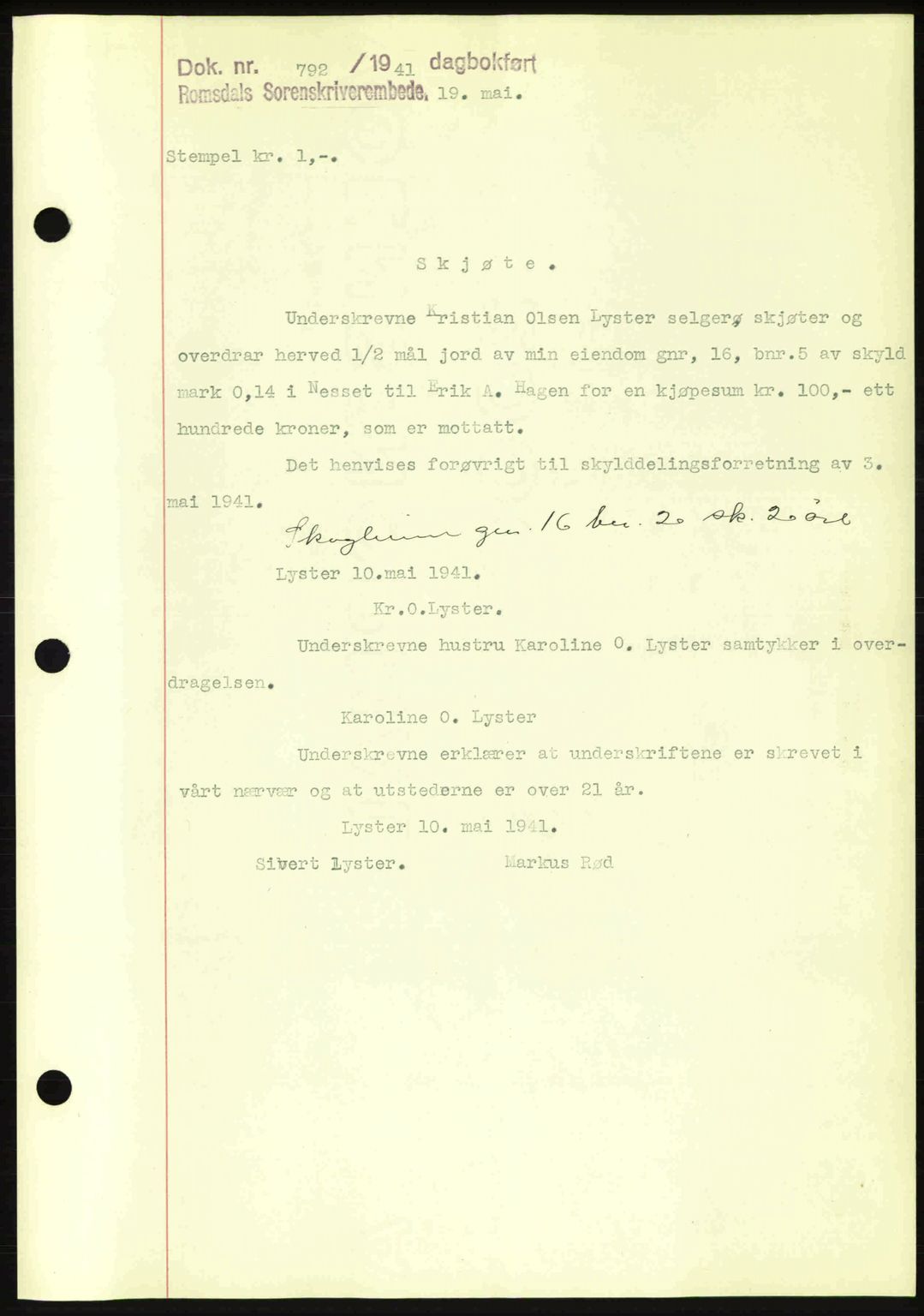 Romsdal sorenskriveri, SAT/A-4149/1/2/2C: Pantebok nr. A9, 1940-1941, Dagboknr: 792/1941