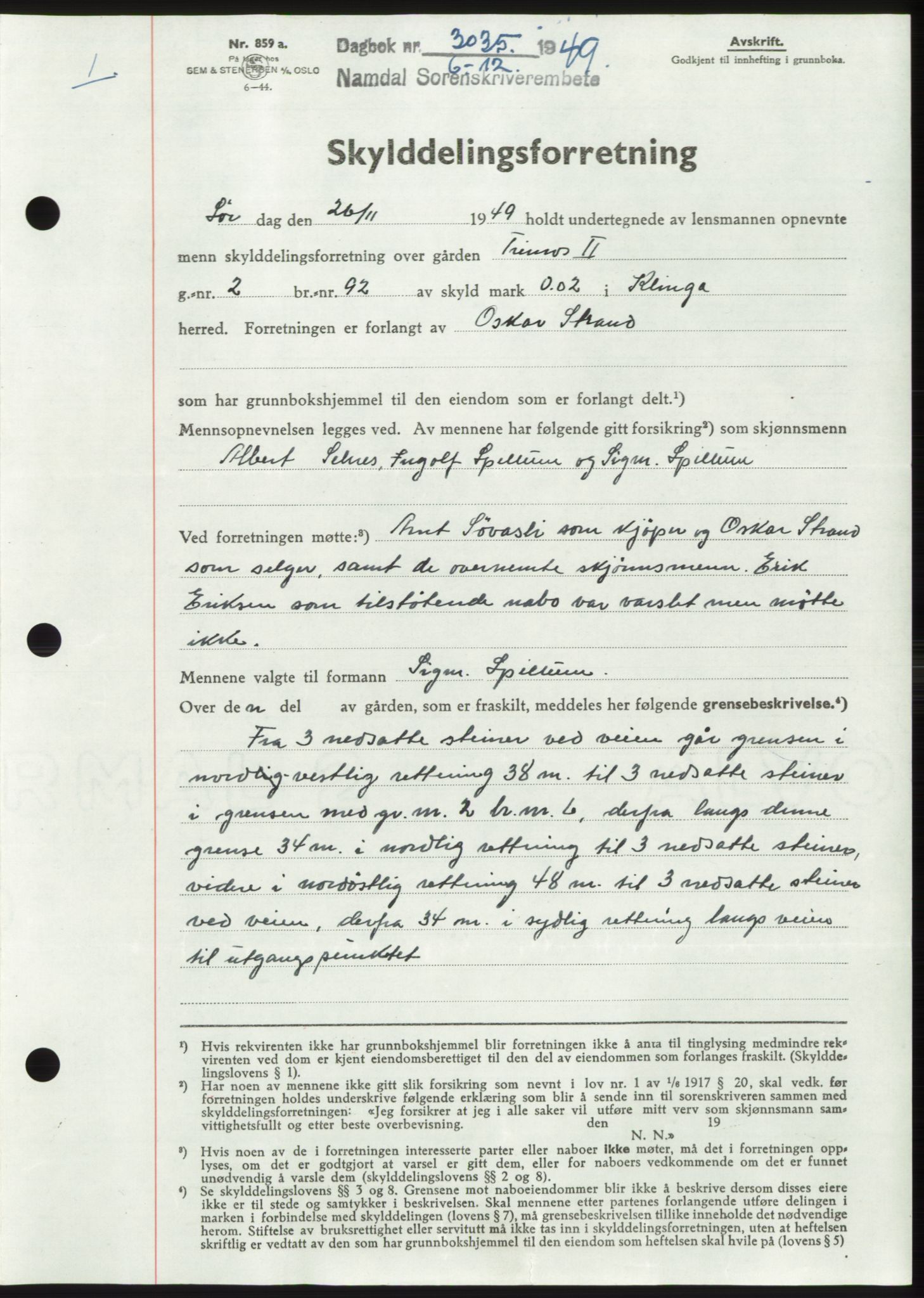 Namdal sorenskriveri, SAT/A-4133/1/2/2C: Pantebok nr. -, 1949-1949, Dagboknr: 3035/1949