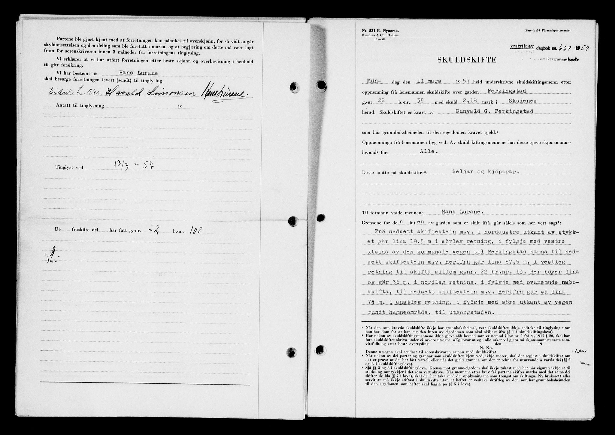 Karmsund sorenskriveri, SAST/A-100311/01/II/IIB/L0124: Pantebok nr. 104A, 1957-1957, Dagboknr: 669/1957