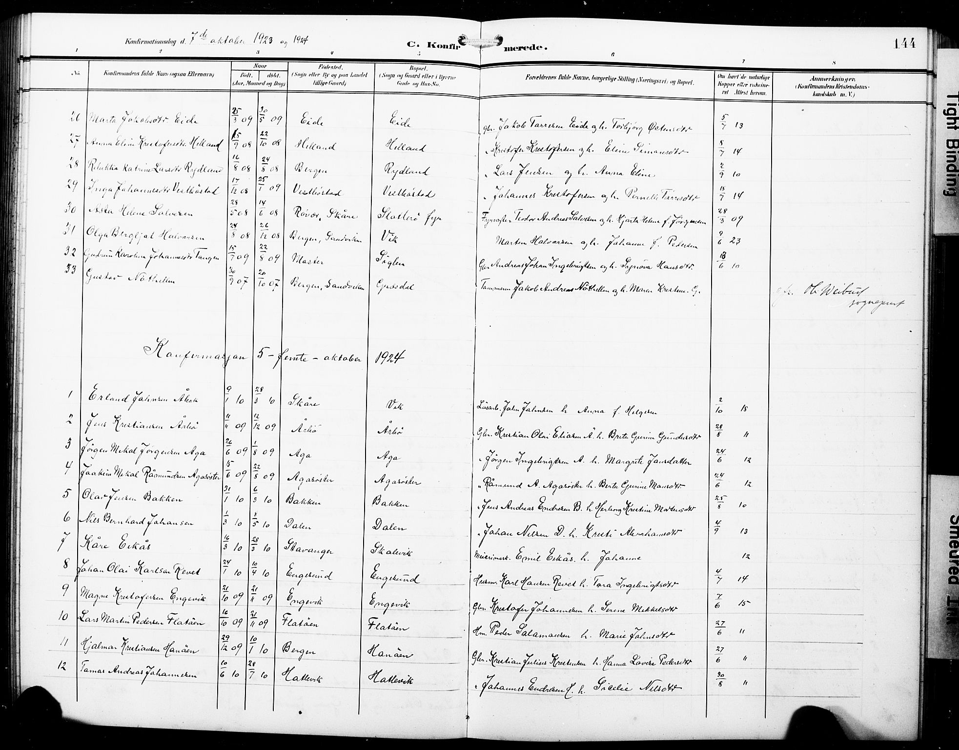 Fitjar sokneprestembete, AV/SAB-A-99926: Klokkerbok nr. B 1, 1906-1928, s. 144