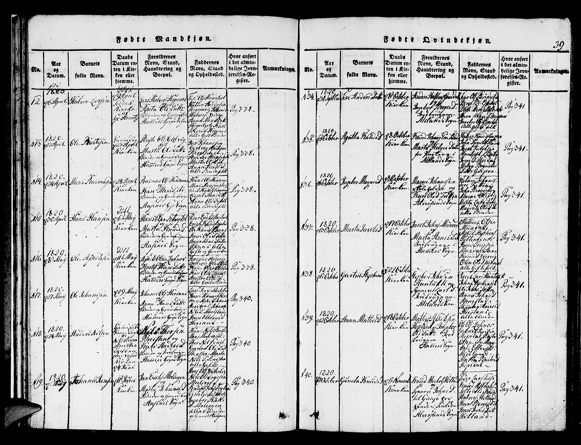 Hamre sokneprestembete, SAB/A-75501/H/Ha/Hab: Klokkerbok nr. A 1, 1816-1826, s. 39