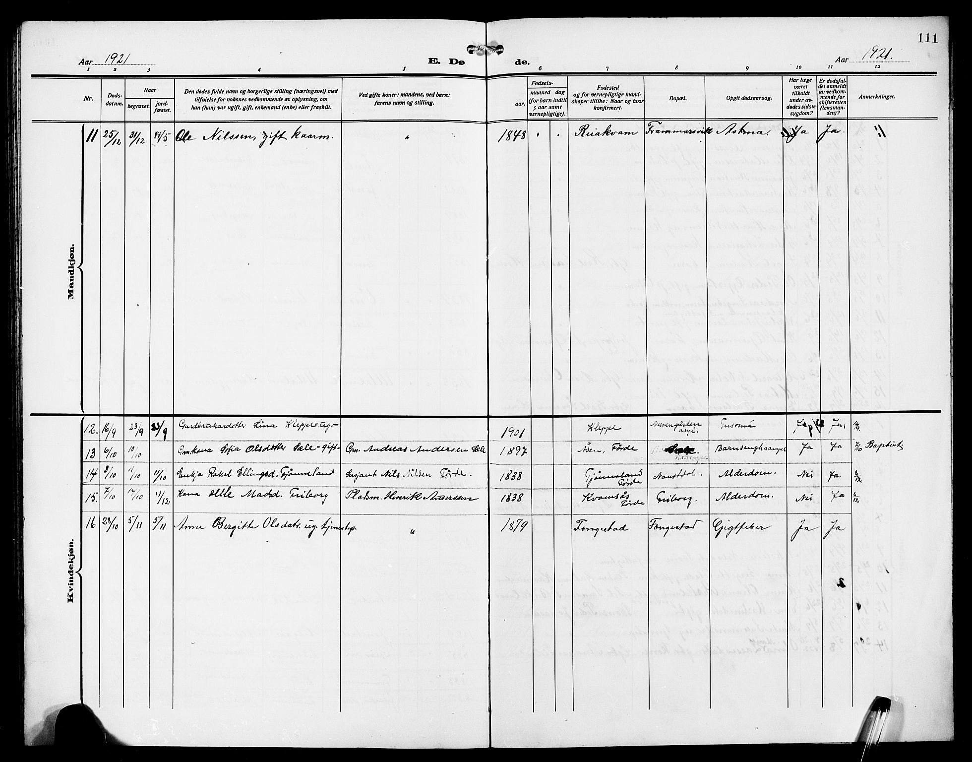 Førde sokneprestembete, AV/SAB-A-79901/H/Hab/Habd/L0007: Klokkerbok nr. D 7, 1912-1922, s. 111