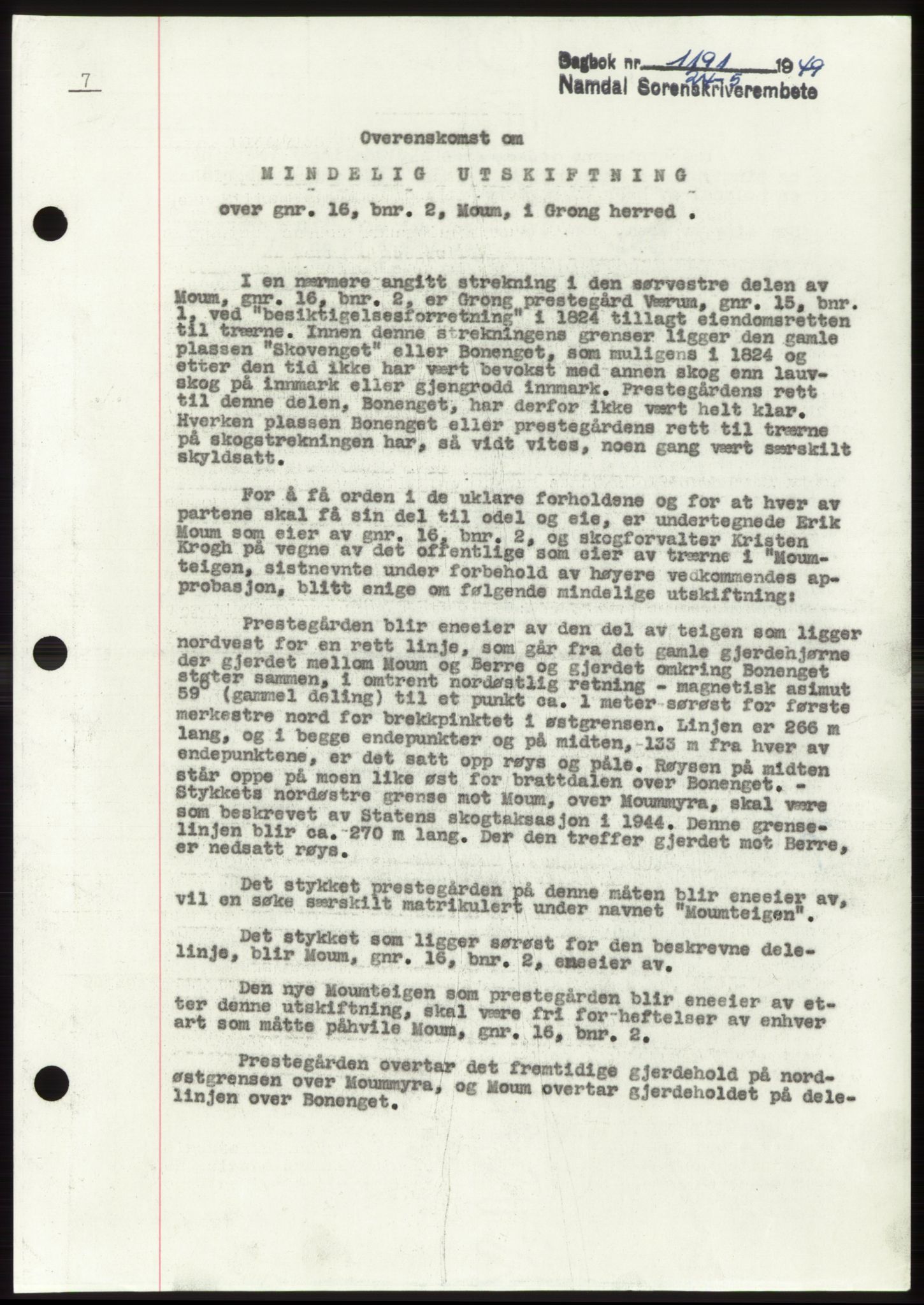 Namdal sorenskriveri, SAT/A-4133/1/2/2C: Pantebok nr. -, 1949-1949, Dagboknr: 1191/1949
