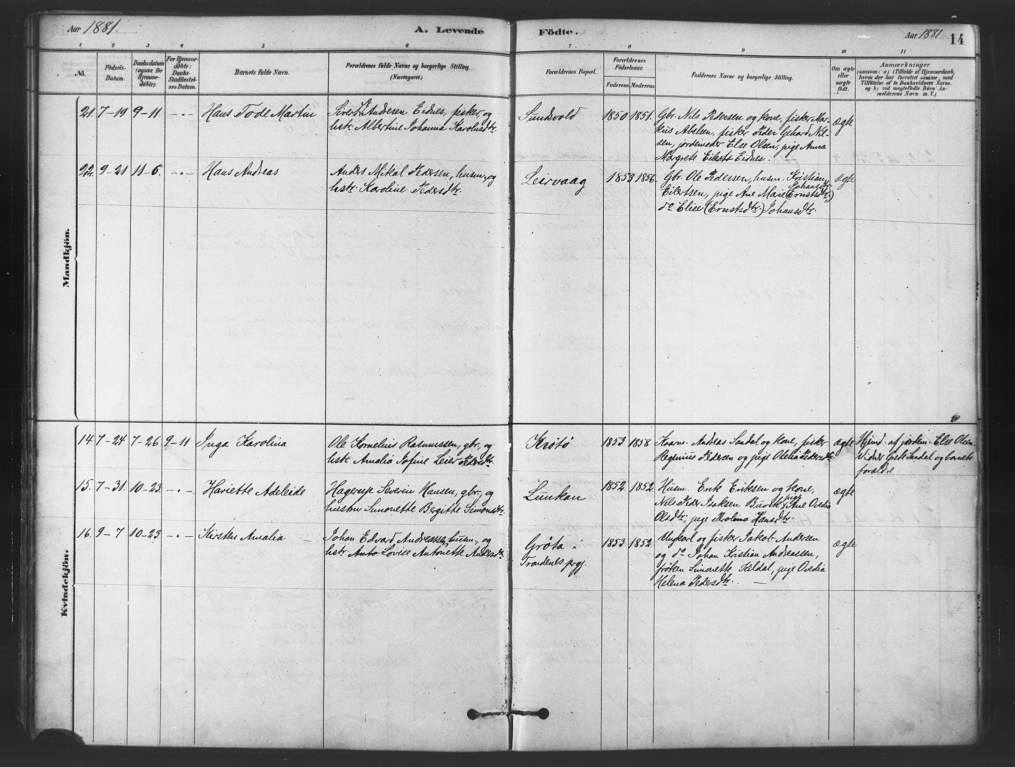 Sand/Bjarkøy sokneprestkontor, AV/SATØ-S-0811/I/Ia/Iaa/L0003kirke: Ministerialbok nr. 3, 1878-1892, s. 14