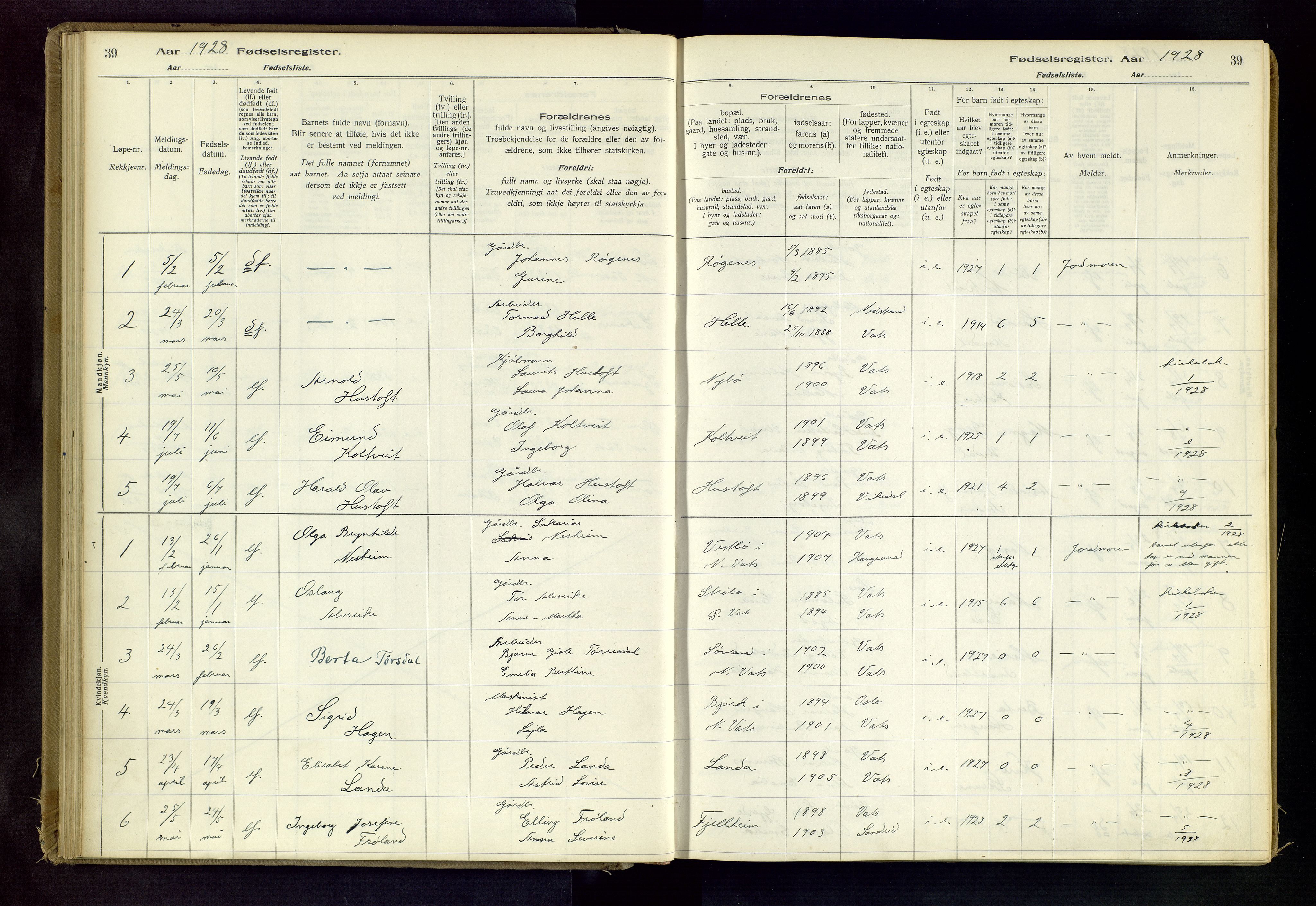 Skjold sokneprestkontor, SAST/A-101847/I/Id/L0003: Fødselsregister nr. 3, 1917-1982, s. 39