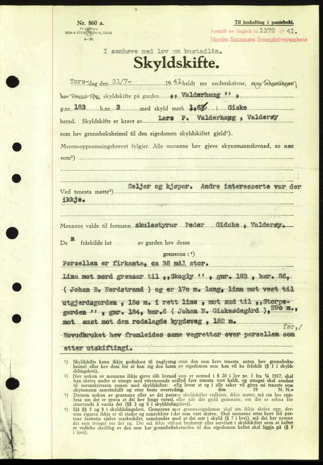 Nordre Sunnmøre sorenskriveri, SAT/A-0006/1/2/2C/2Ca: Pantebok nr. A11, 1941-1941, Dagboknr: 1372/1941