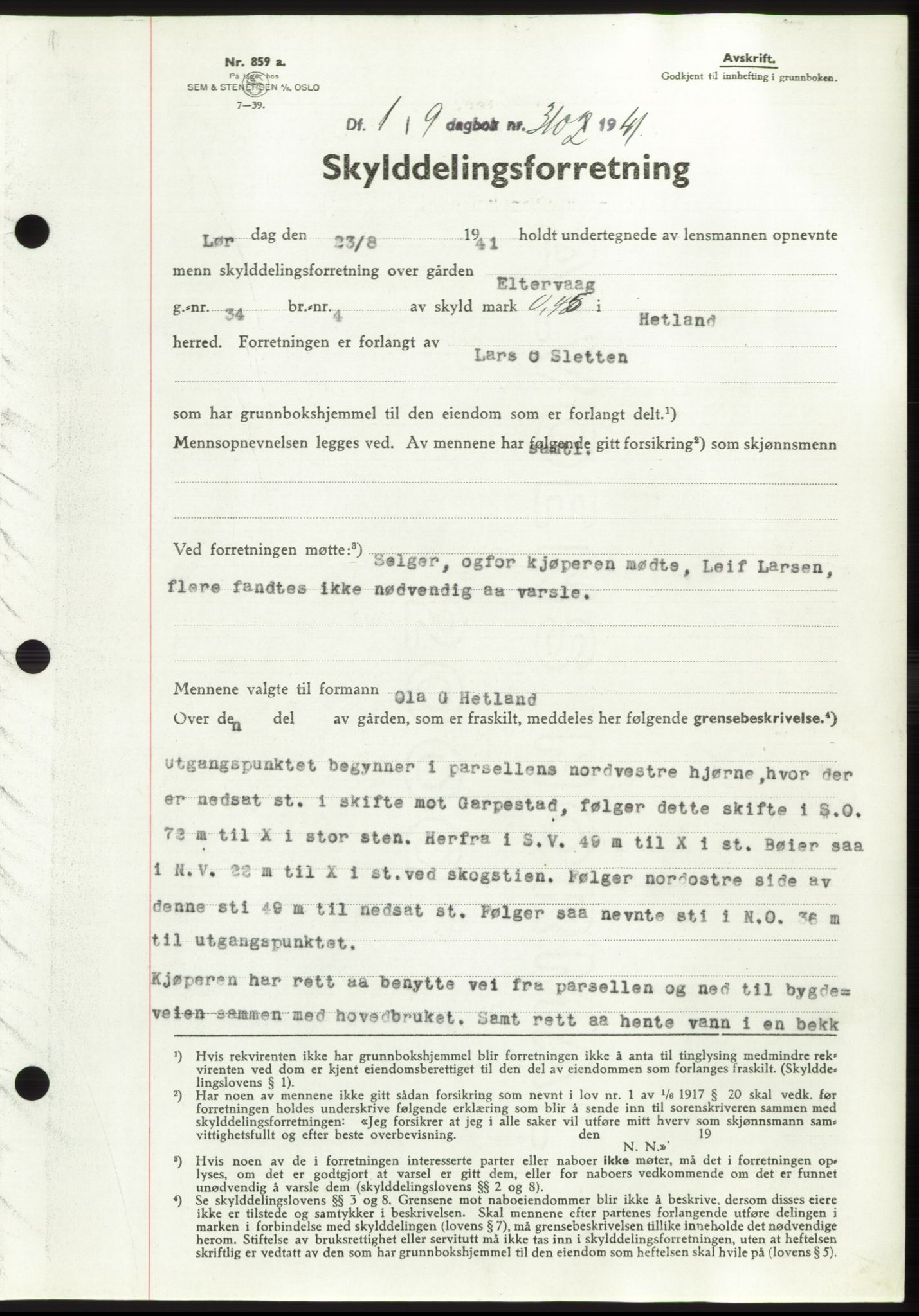 Jæren sorenskriveri, SAST/A-100310/03/G/Gba/L0081: Pantebok, 1941-1941, Dagboknr: 3102/1941