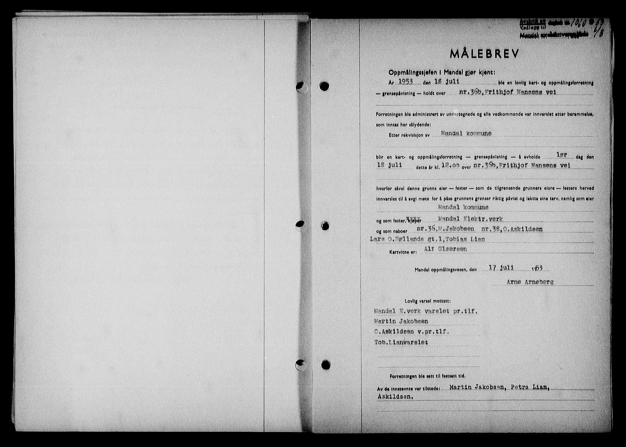 Mandal sorenskriveri, SAK/1221-0005/001/G/Gb/Gba/L0087: Pantebok nr. A-24, 1953-1953, Dagboknr: 1060/1953