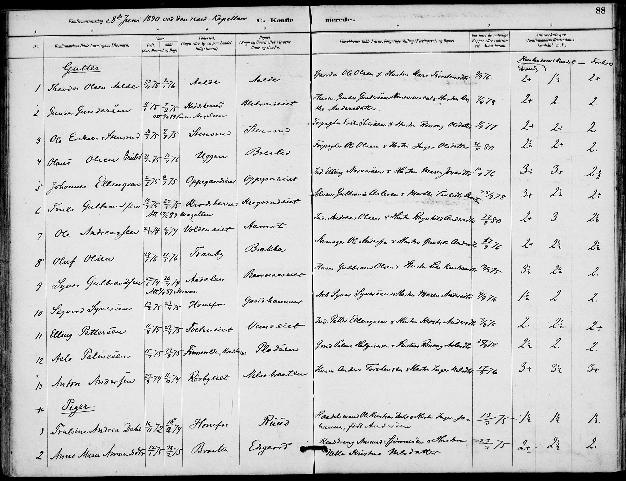 Lunder kirkebøker, AV/SAKO-A-629/F/Fa/L0001: Ministerialbok nr. I 1, 1885-1912, s. 88