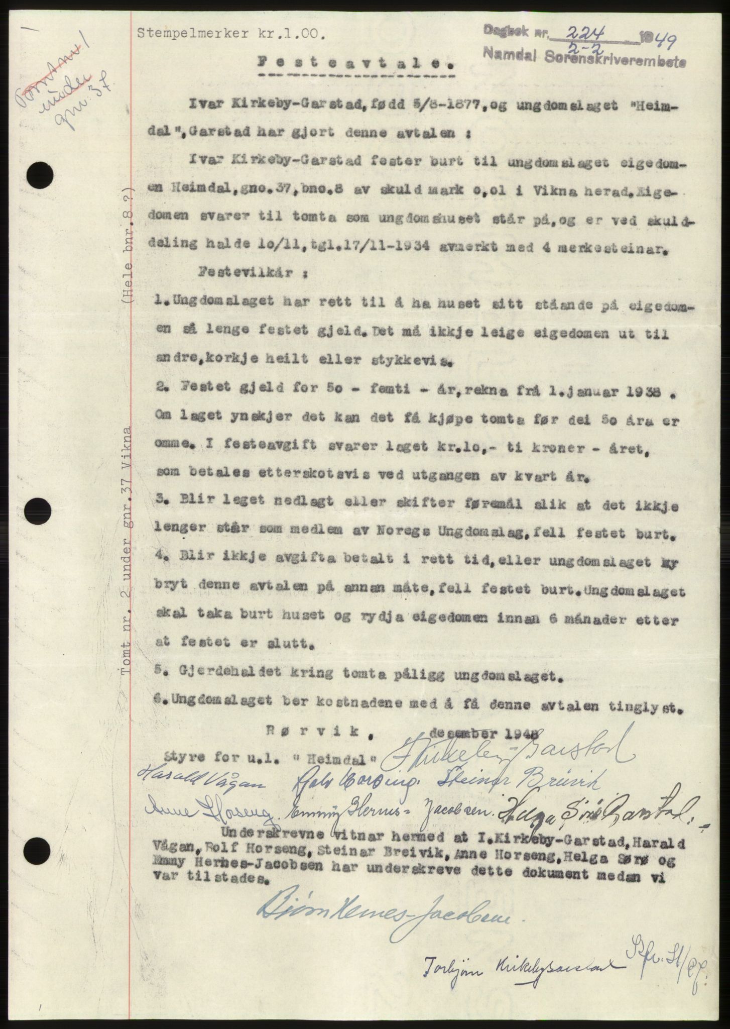 Namdal sorenskriveri, SAT/A-4133/1/2/2C: Pantebok nr. -, 1949-1949, Dagboknr: 224/1949