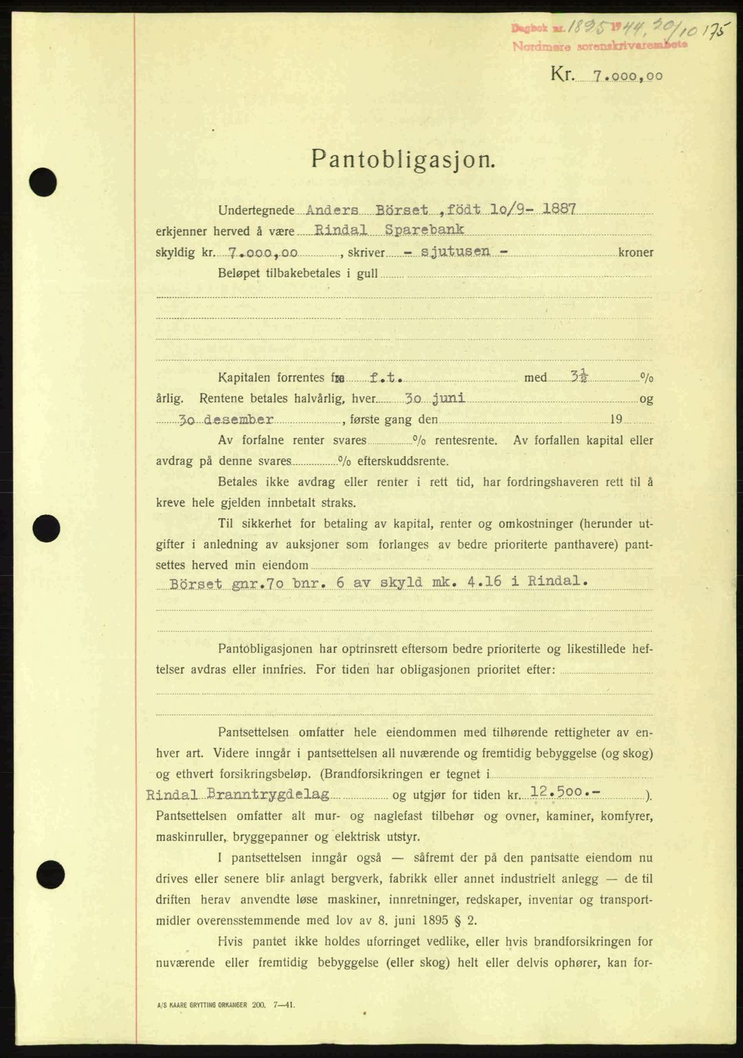 Nordmøre sorenskriveri, AV/SAT-A-4132/1/2/2Ca: Pantebok nr. B92, 1944-1945, Dagboknr: 1823/1944