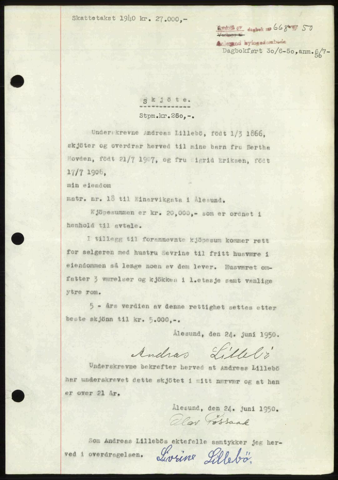 Ålesund byfogd, AV/SAT-A-4384: Pantebok nr. 37A (2), 1949-1950, Dagboknr: 668/1950