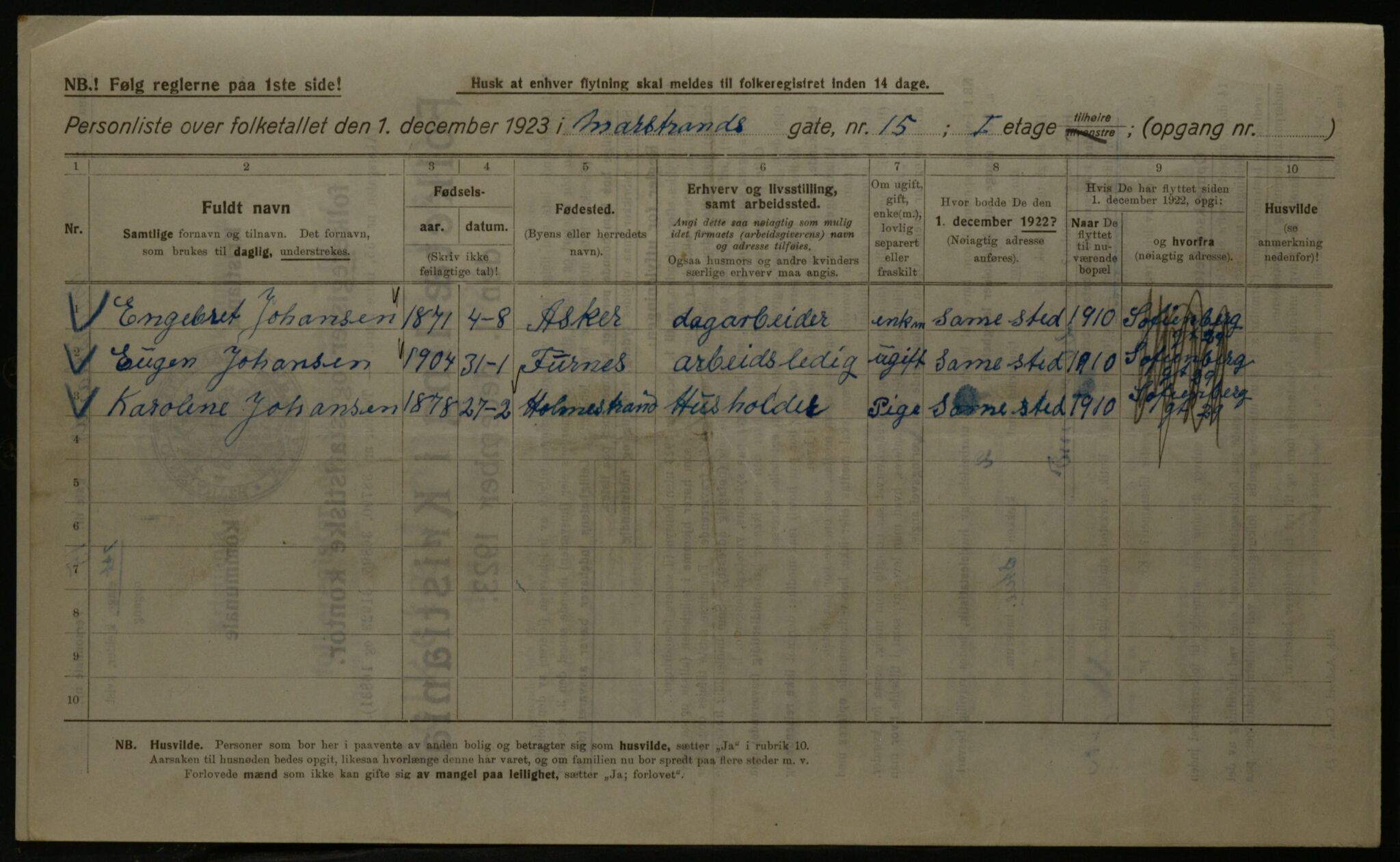 OBA, Kommunal folketelling 1.12.1923 for Kristiania, 1923, s. 71665