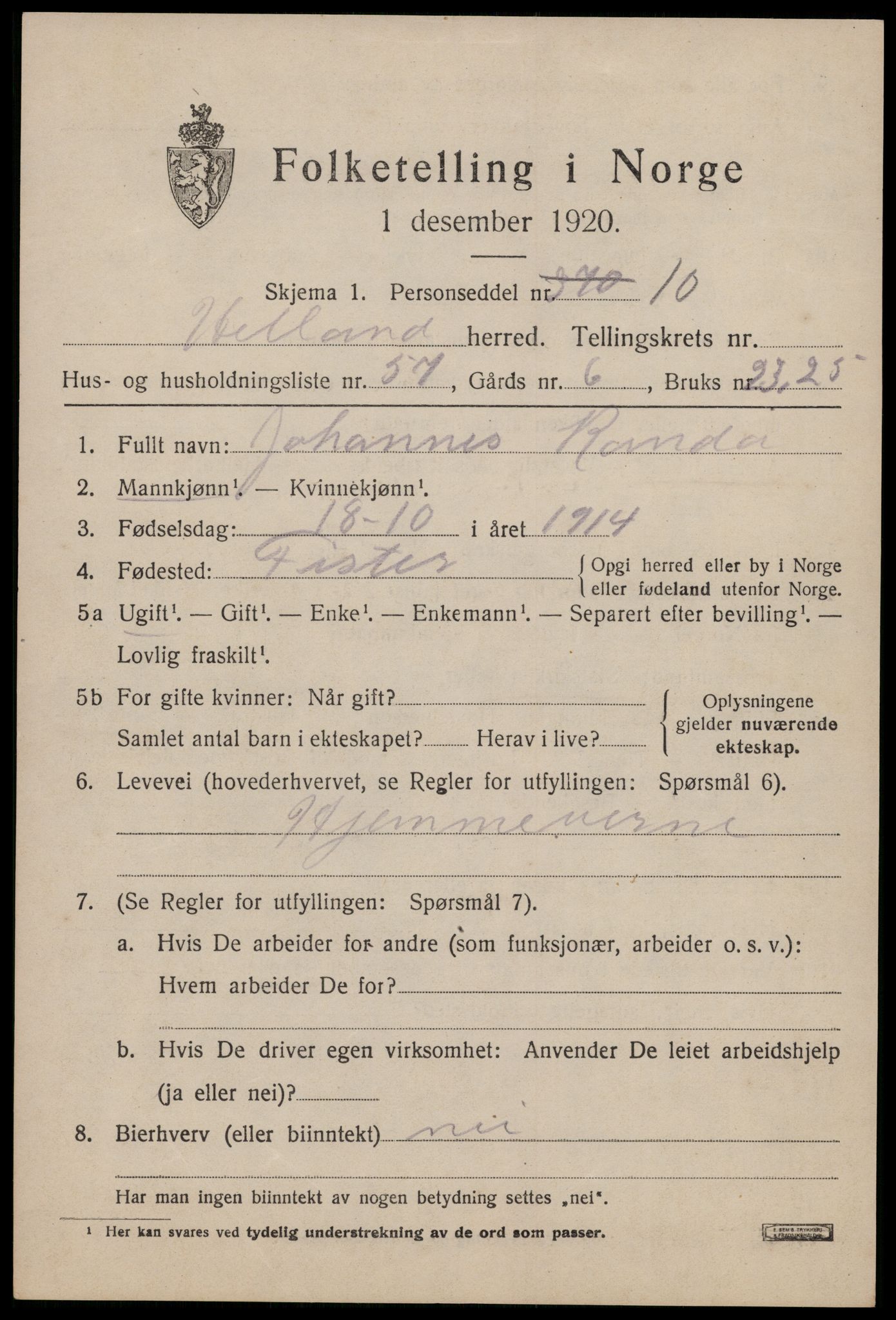 SAST, Folketelling 1920 for 1126 Hetland herred, 1920, s. 4747