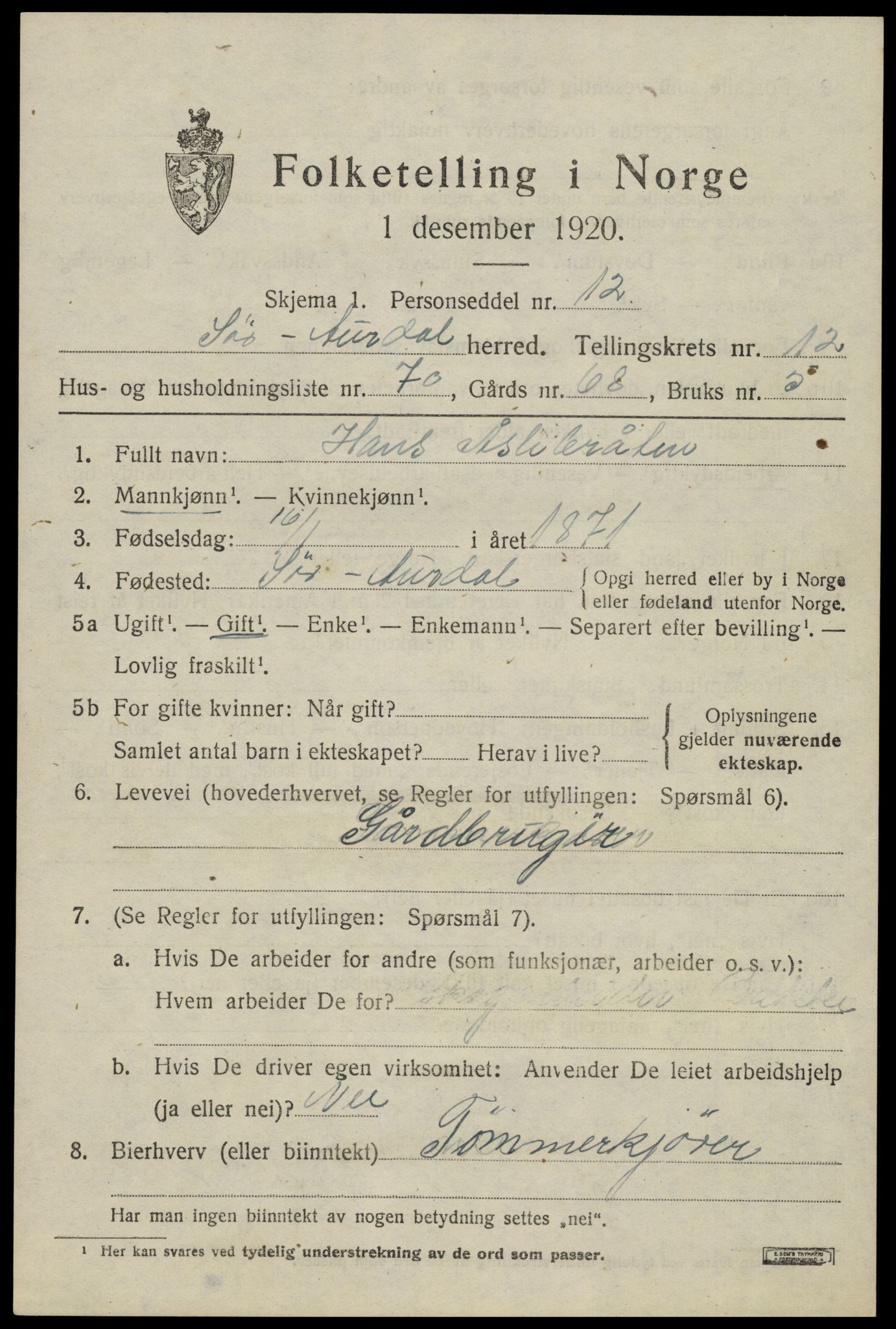 SAH, Folketelling 1920 for 0540 Sør-Aurdal herred, 1920, s. 7659