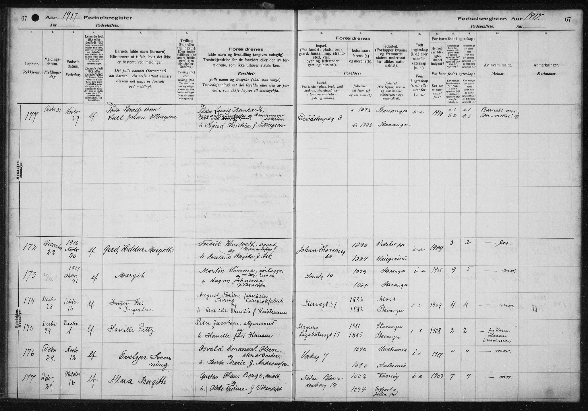 St. Petri sokneprestkontor, AV/SAST-A-101813/002/A/L0001: Fødselsregister nr. 1, 1916-1922, s. 67