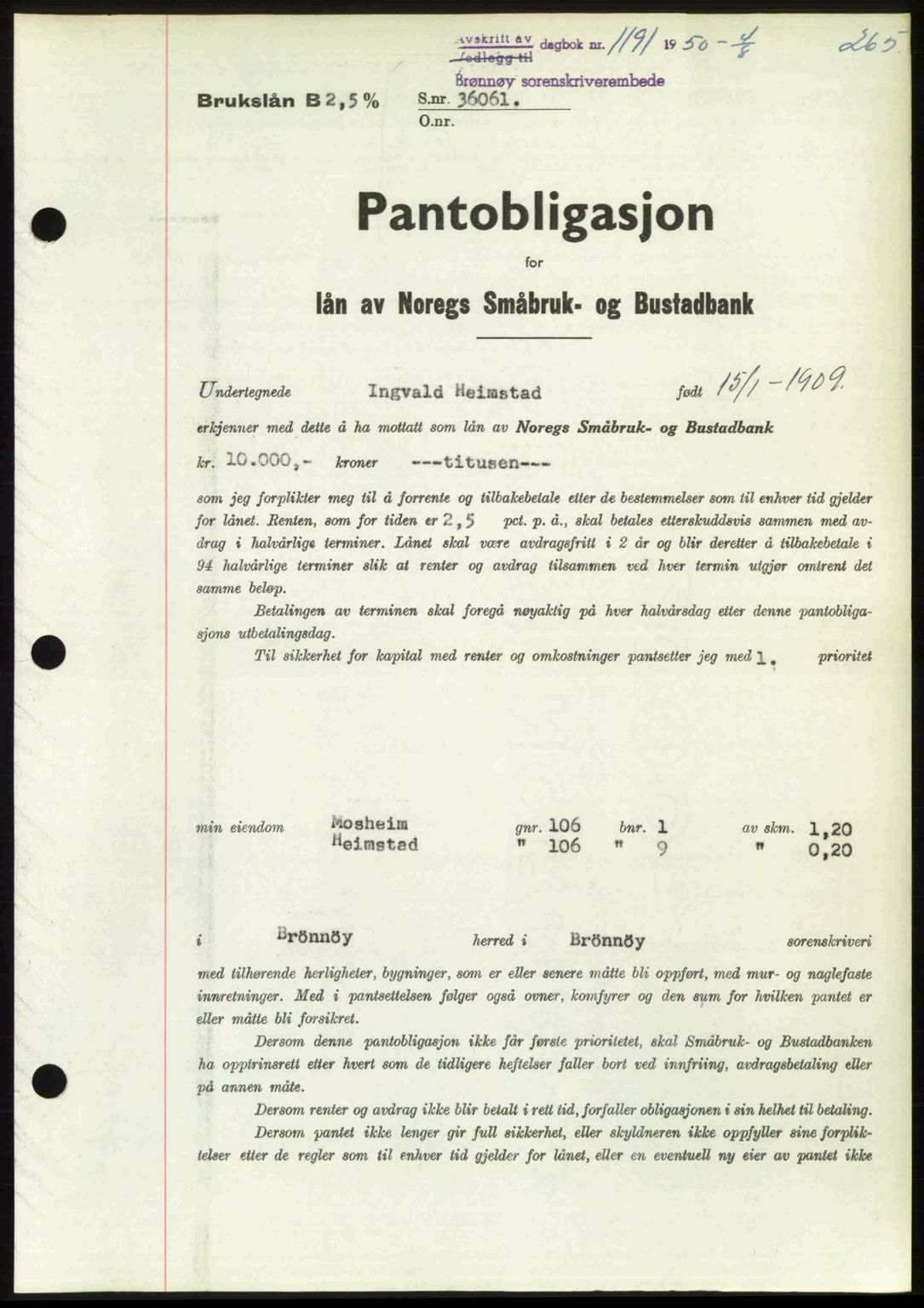 Brønnøy sorenskriveri, SAT/A-4170/1/2/2C: Pantebok nr. 36, 1950-1950, Dagboknr: 1191/1950