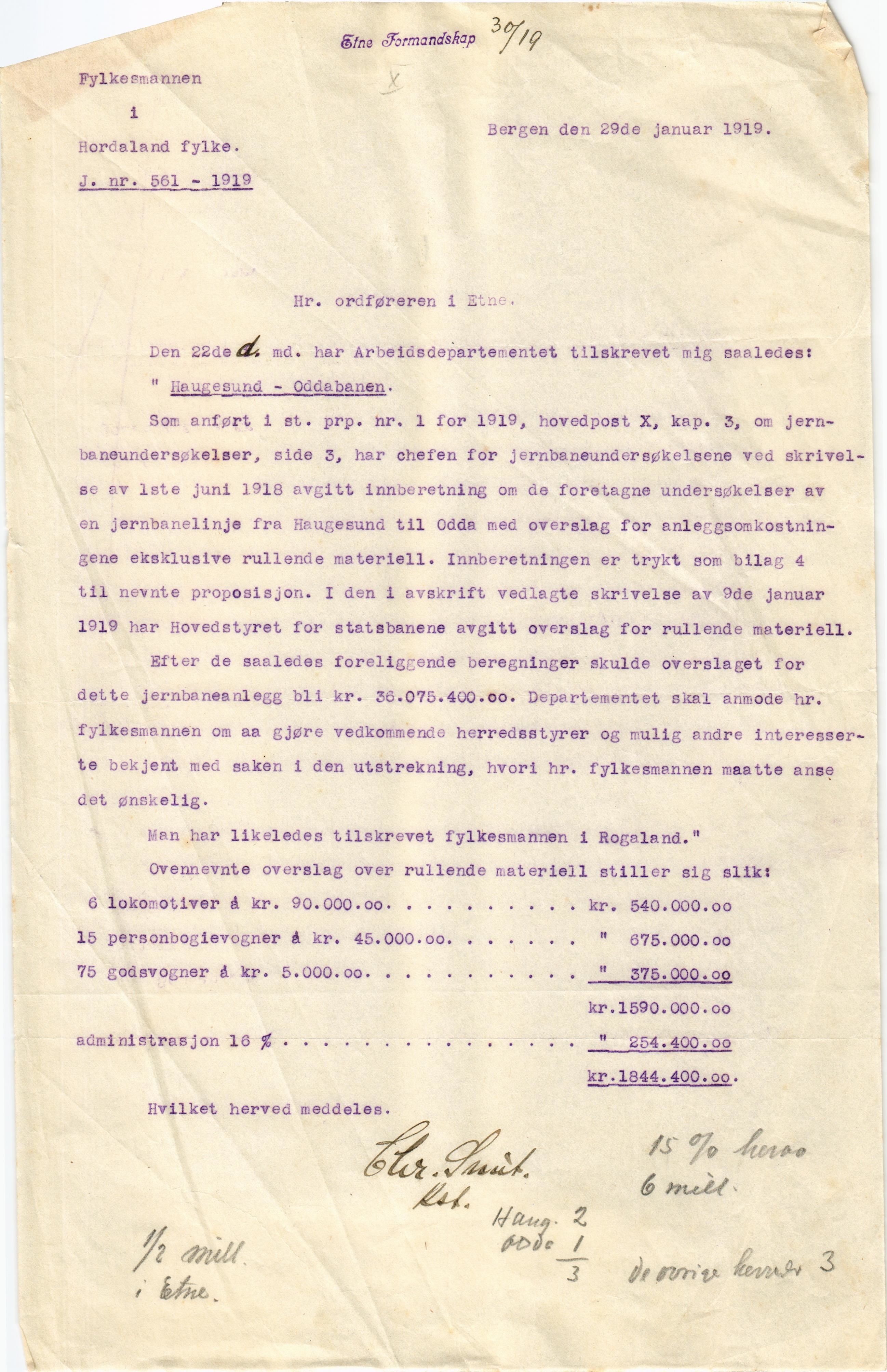 Etne kommune. Formannskapet, IKAH/1211-021/D/Db/L0014b/0011: Emneordna korrespondanse / Oddabanen, 1908-1915