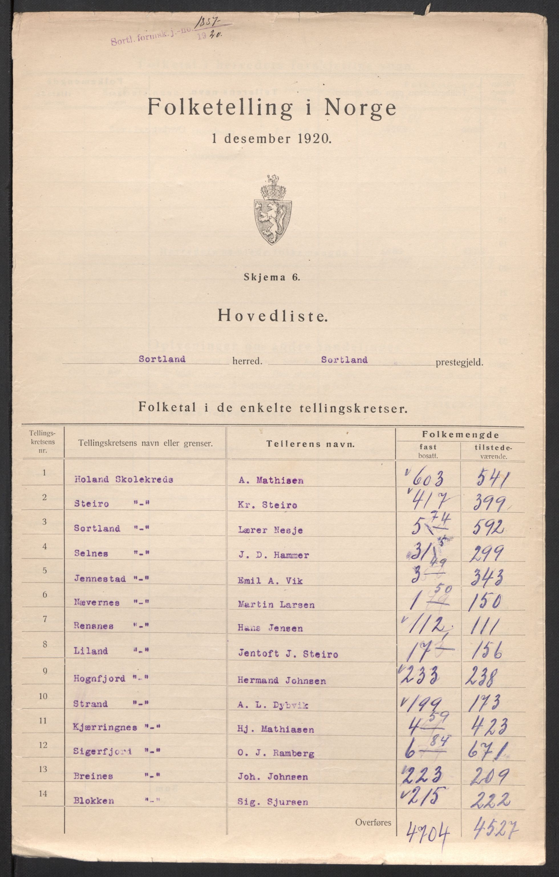 SAT, Folketelling 1920 for 1870 Sortland herred, 1920, s. 8