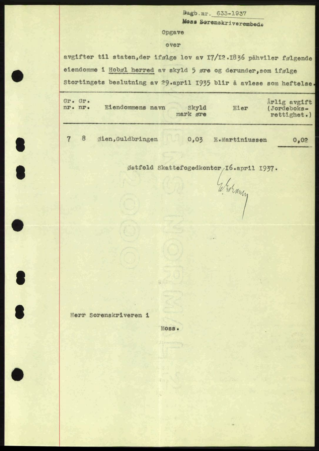 Moss sorenskriveri, SAO/A-10168: Pantebok nr. B3, 1937-1937, Dagboknr: 633/1937