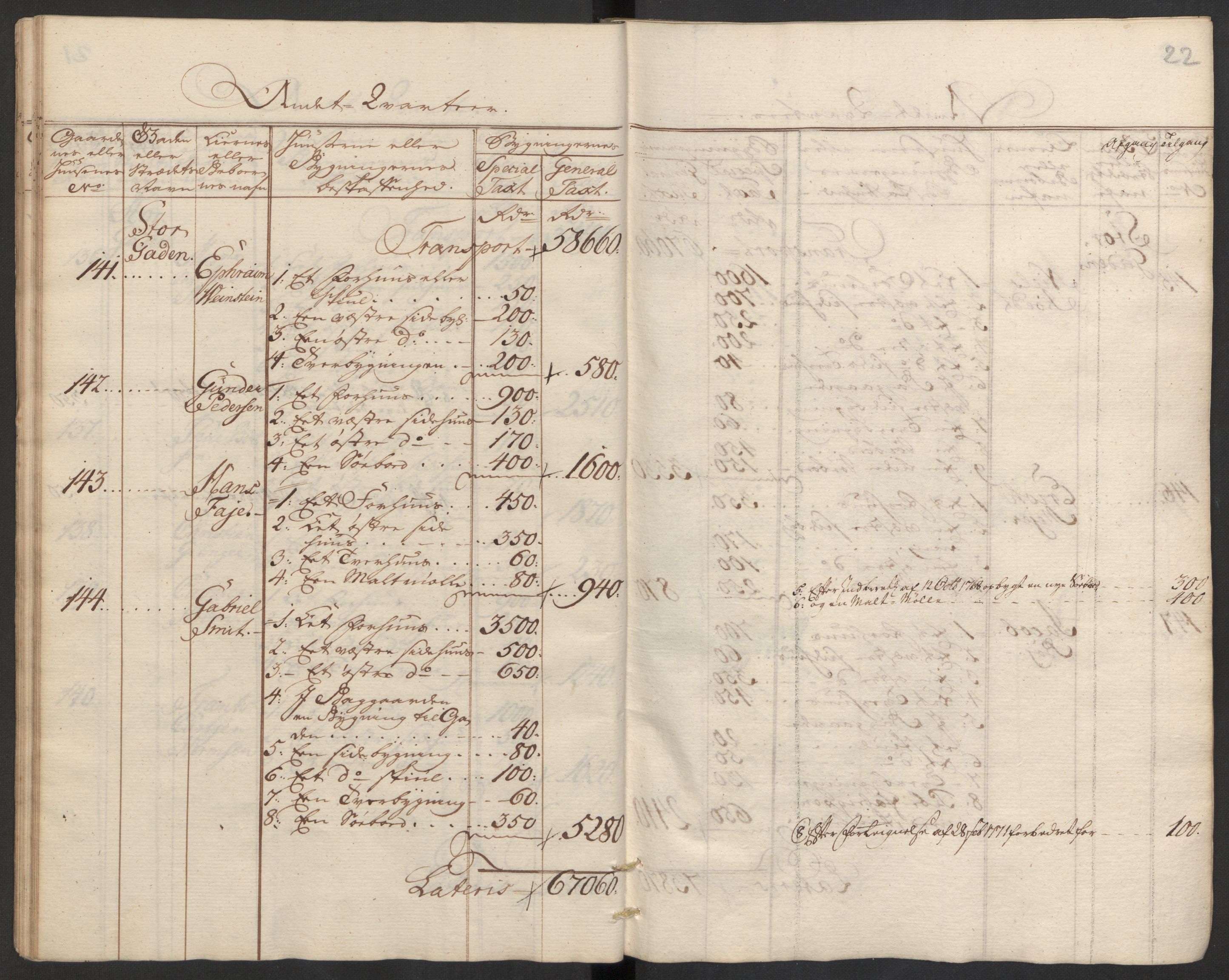 Kommersekollegiet, Brannforsikringskontoret 1767-1814, AV/RA-EA-5458/F/Fa/L0008/0002: Bragernes / Branntakstprotokoll, 1767, s. 22