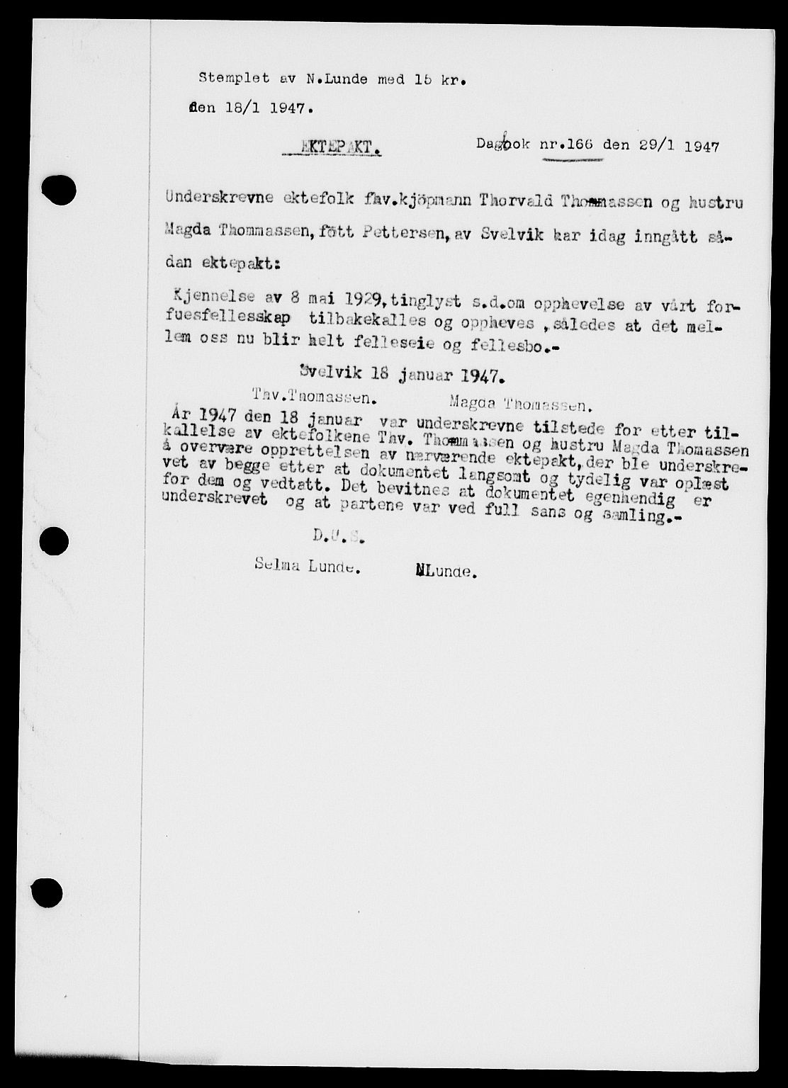 Holmestrand sorenskriveri, SAKO/A-67/G/Ga/Gaa/L0061: Pantebok nr. A-61, 1946-1947, Dagboknr: 166/1947
