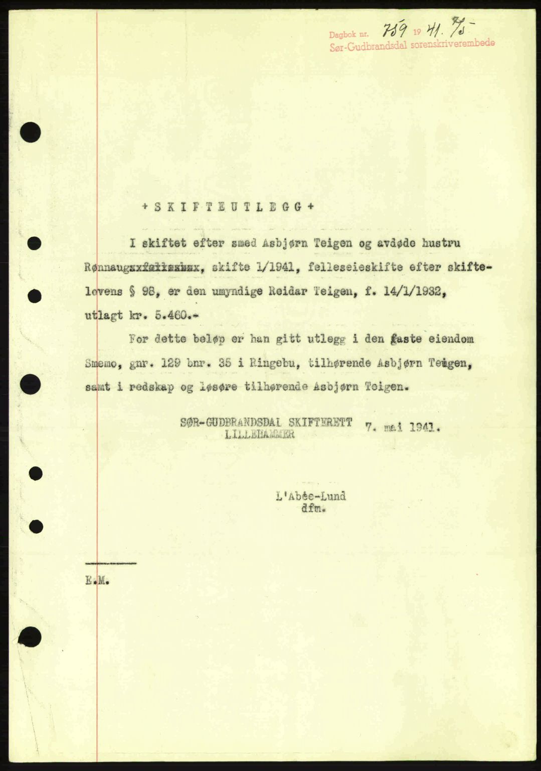 Sør-Gudbrandsdal tingrett, SAH/TING-004/H/Hb/Hbe/L0002: Pantebok nr. B2, 1939-1943, Dagboknr: 759/1941