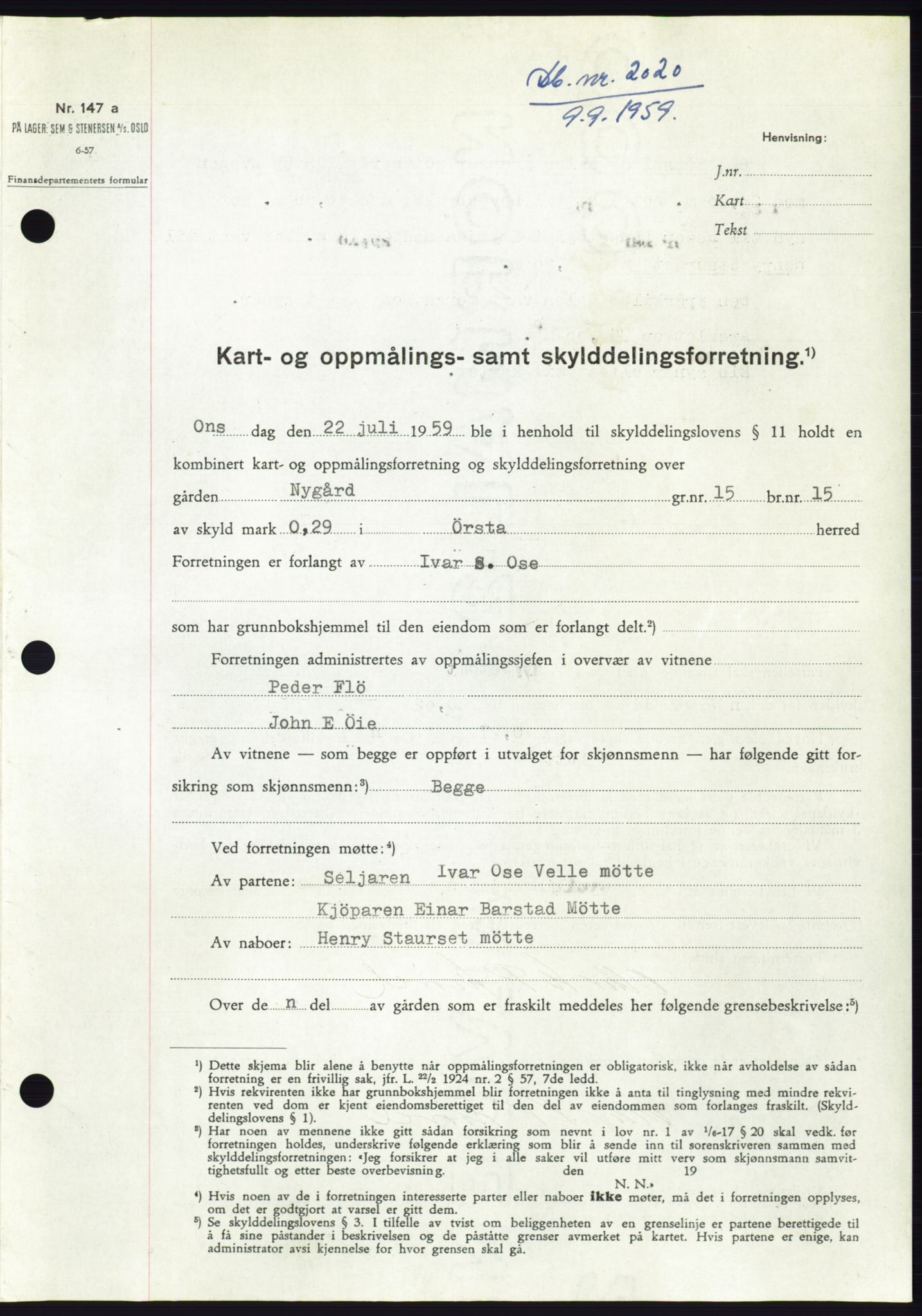 Søre Sunnmøre sorenskriveri, AV/SAT-A-4122/1/2/2C/L0113: Pantebok nr. 39A, 1959-1959, Dagboknr: 2020/1959