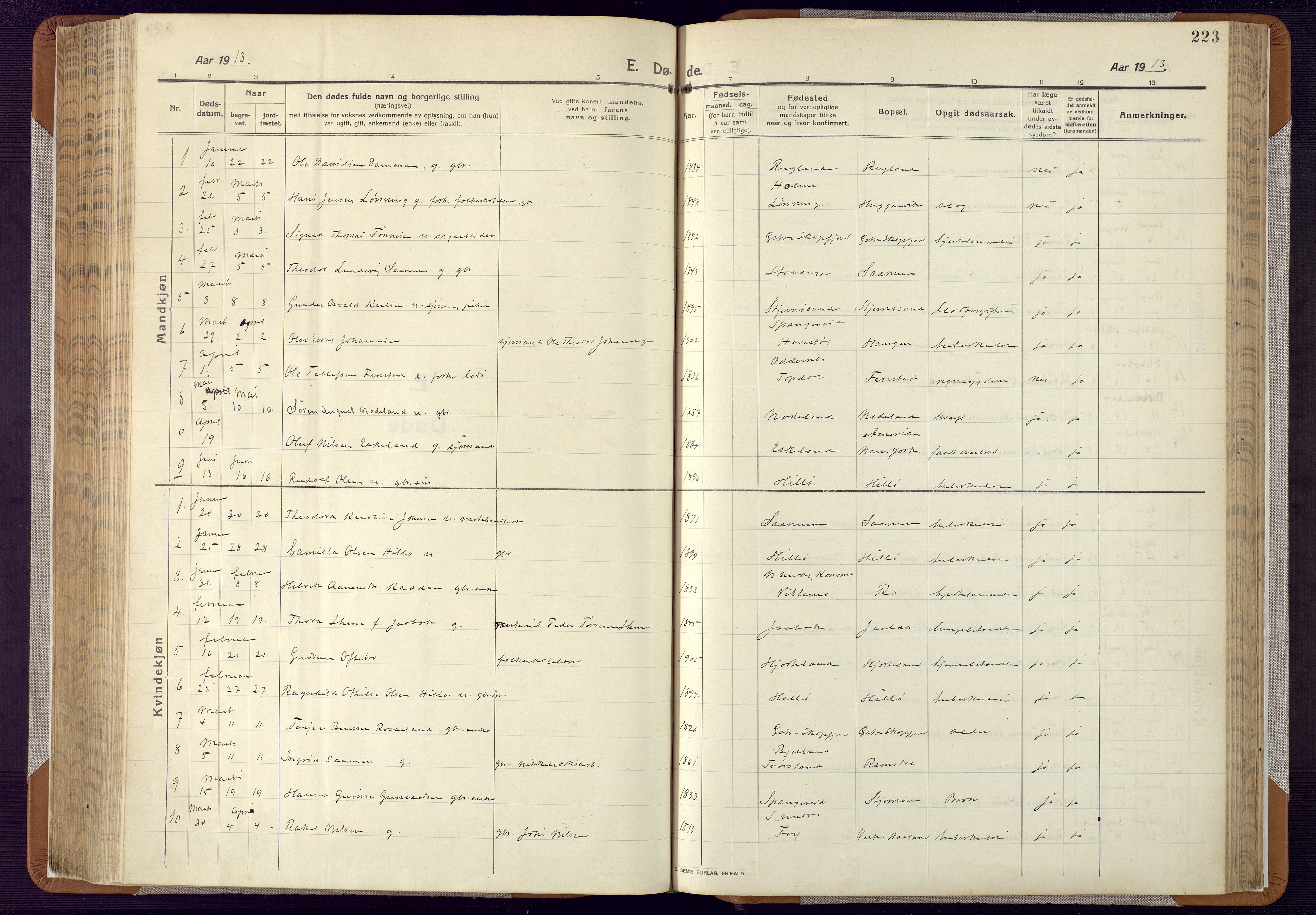 Mandal sokneprestkontor, SAK/1111-0030/F/Fa/Faa/L0022: Ministerialbok nr. A 22, 1913-1925, s. 223