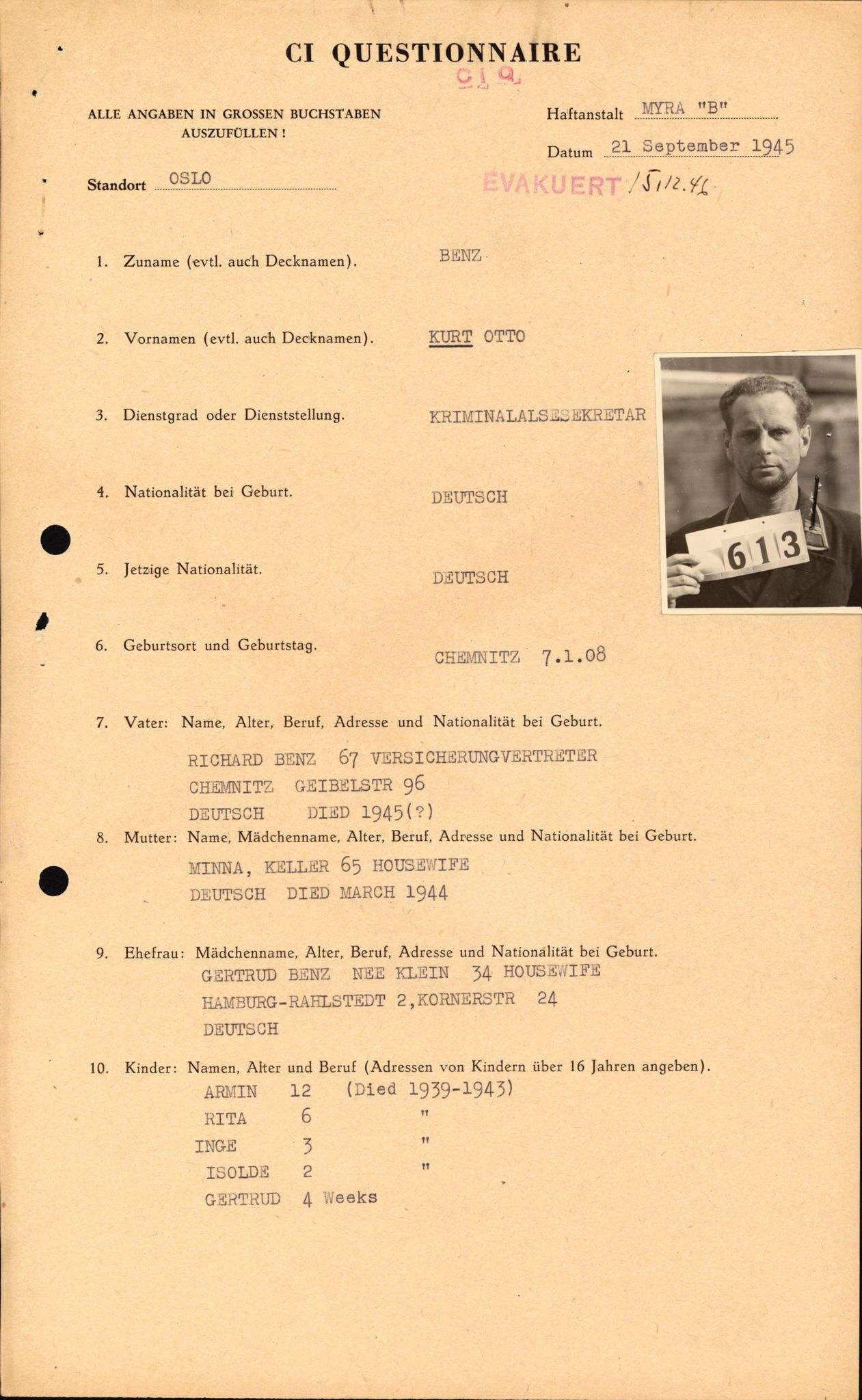 Forsvaret, Forsvarets overkommando II, AV/RA-RAFA-3915/D/Db/L0002: CI Questionaires. Tyske okkupasjonsstyrker i Norge. Tyskere., 1945-1946, s. 516