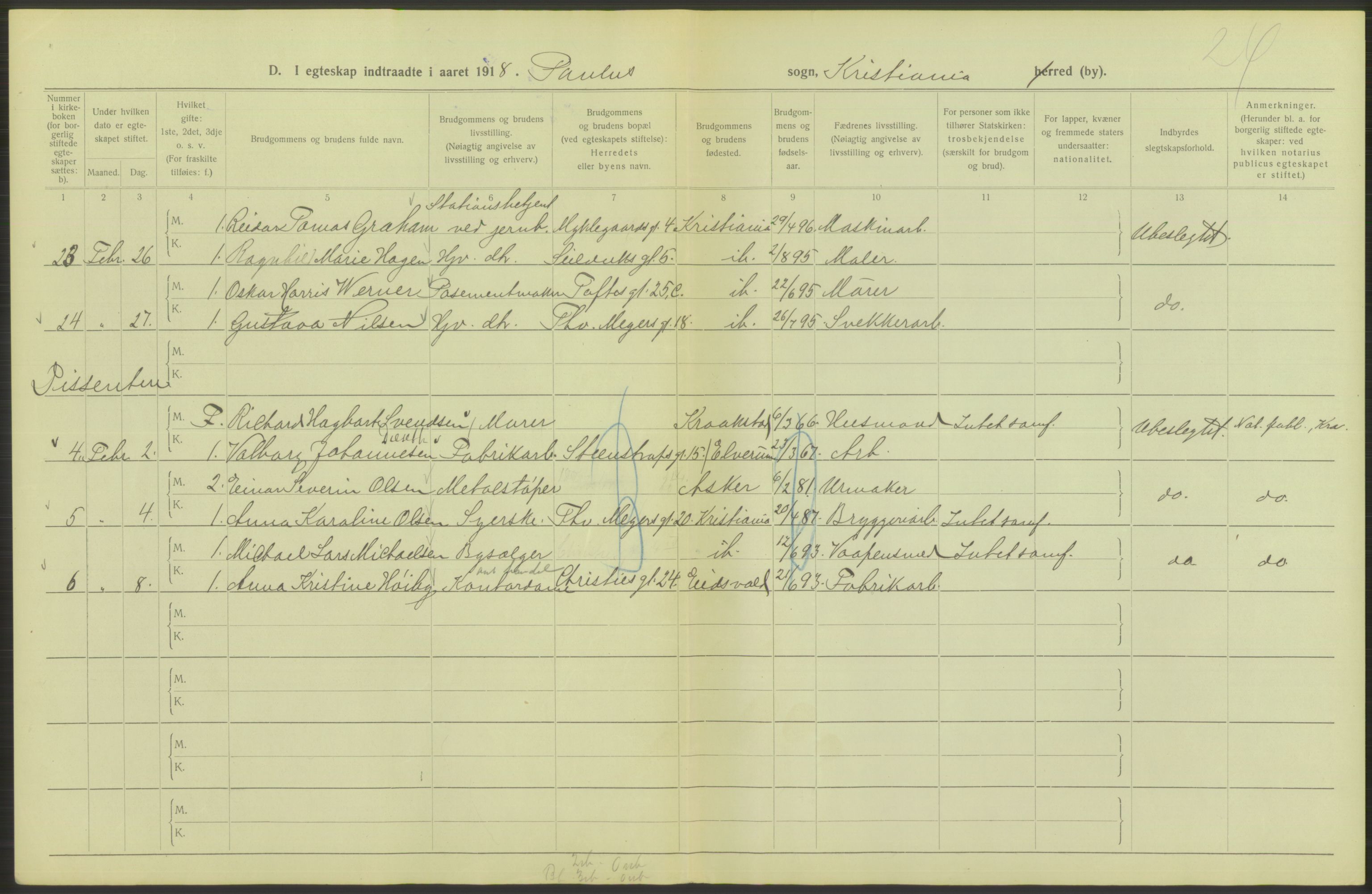 Statistisk sentralbyrå, Sosiodemografiske emner, Befolkning, AV/RA-S-2228/D/Df/Dfb/Dfbh/L0009: Kristiania: Gifte, 1918, s. 696