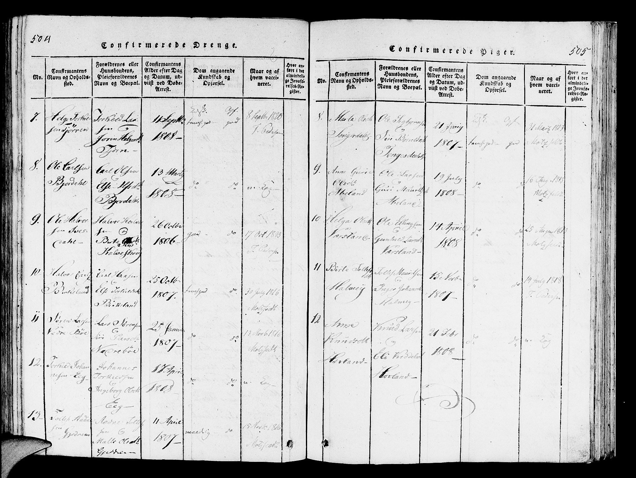 Helleland sokneprestkontor, SAST/A-101810: Ministerialbok nr. A 5, 1815-1834, s. 504-505