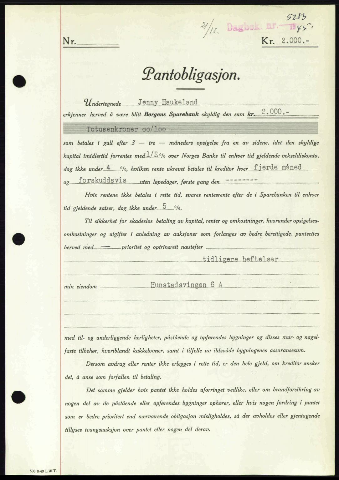 Byfogd og Byskriver i Bergen, SAB/A-3401/03/03Bd/L0001: Pantebok nr. B1-25, 1936-1945, Dagboknr: 5283/1945