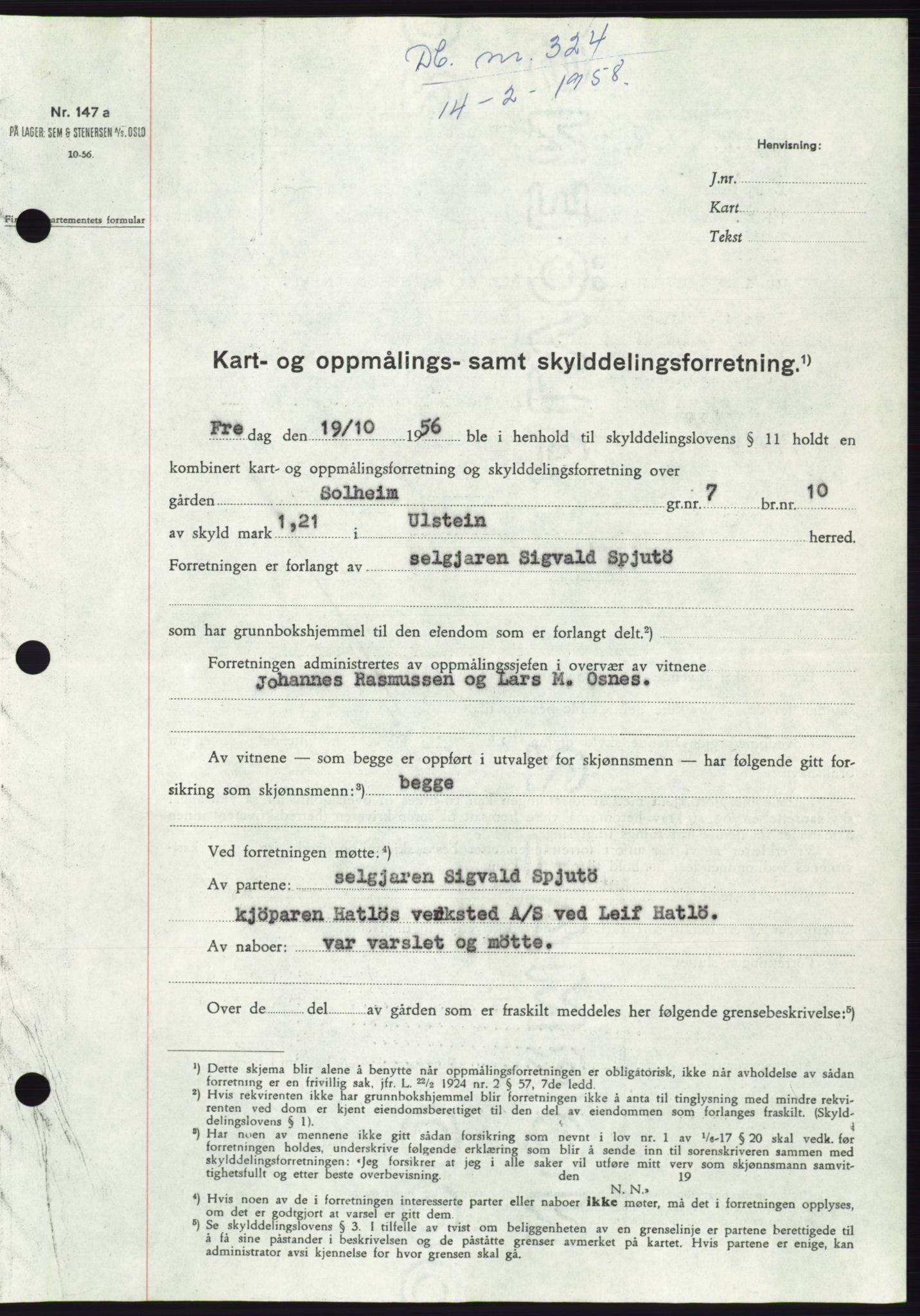 Søre Sunnmøre sorenskriveri, SAT/A-4122/1/2/2C/L0109: Pantebok nr. 35A, 1958-1958, Dagboknr: 324/1958