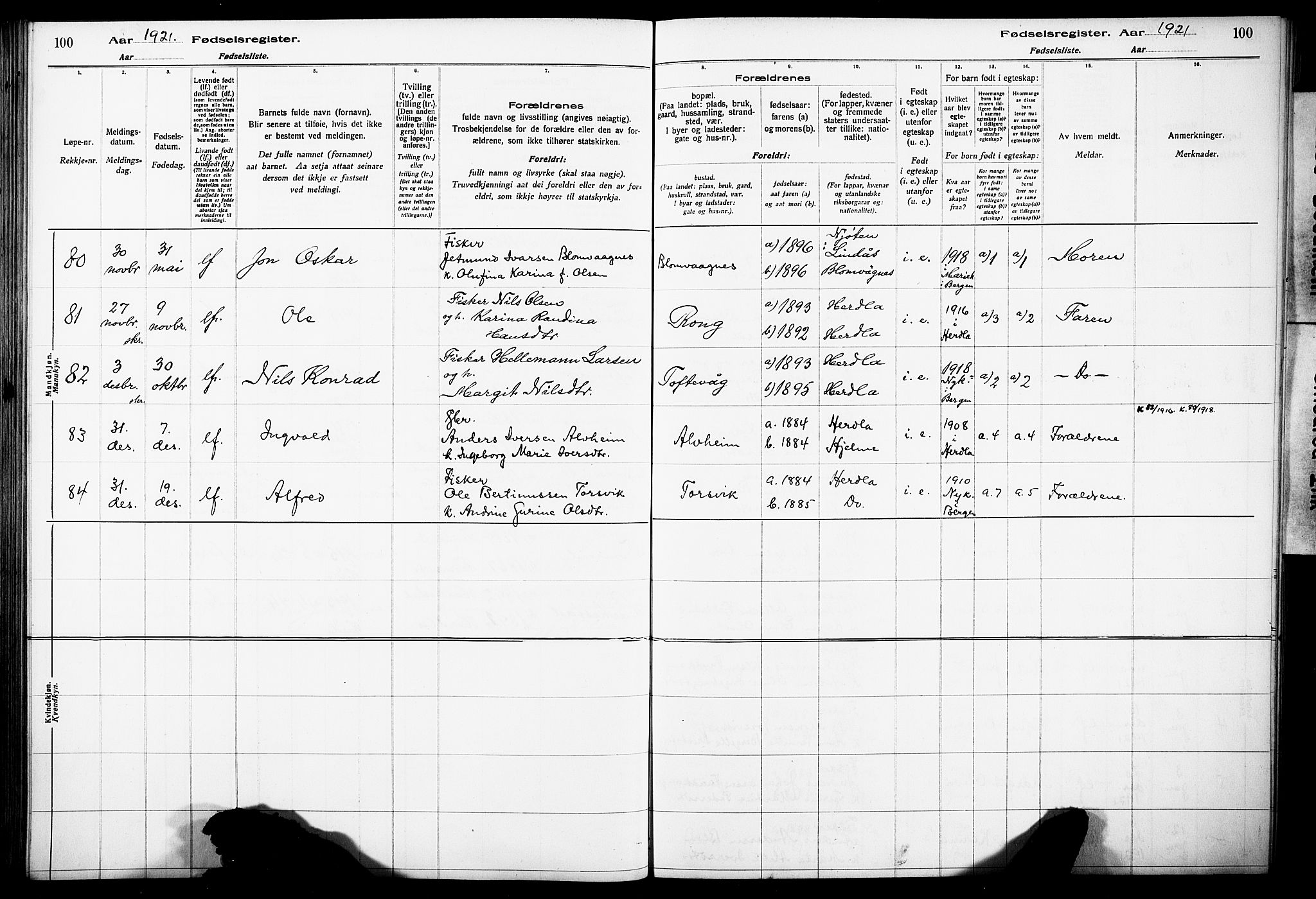Herdla Sokneprestembete, AV/SAB-A-75701/I/Id/L00A1: Fødselsregister nr. A 1, 1916-1929, s. 100