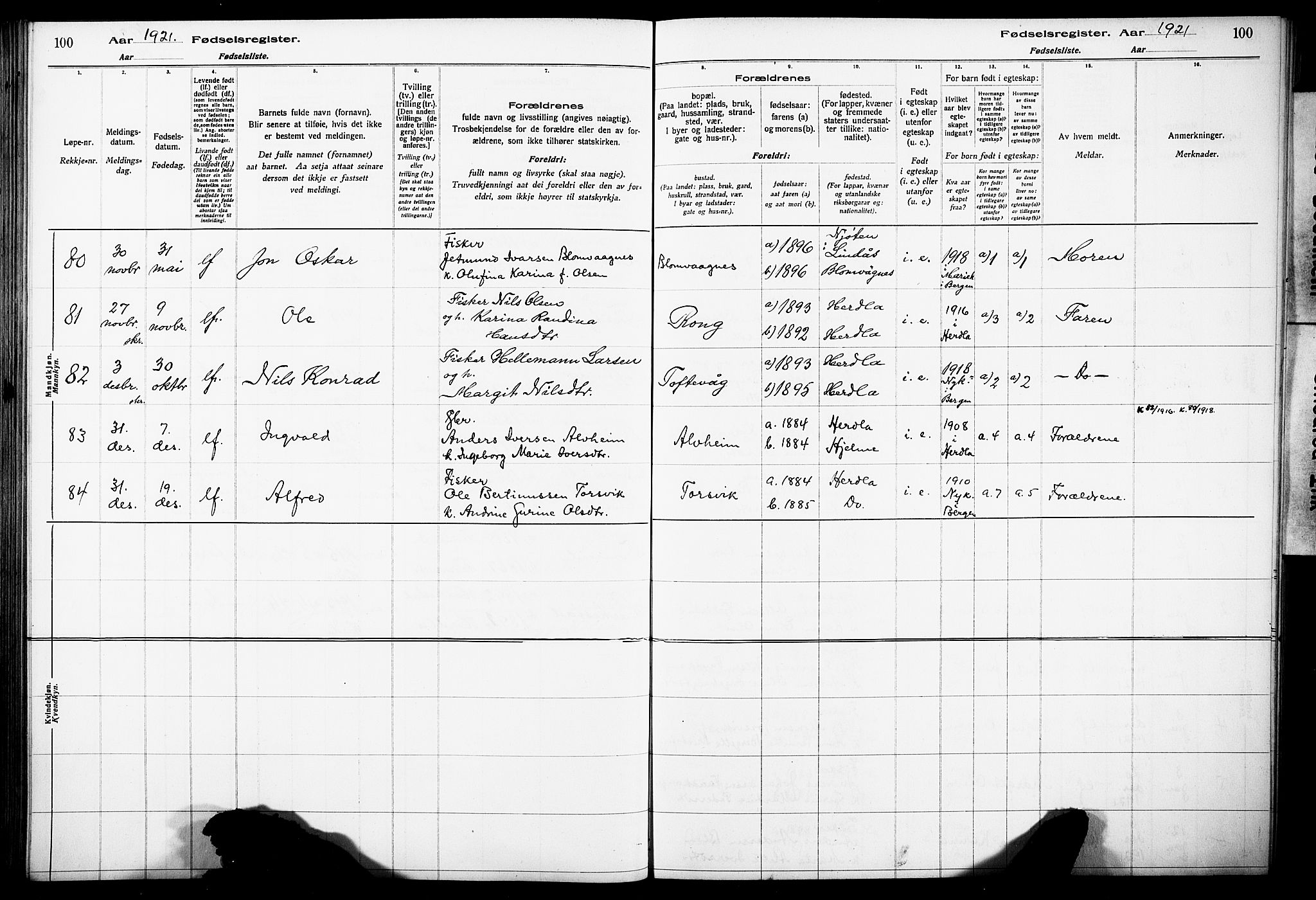 Herdla Sokneprestembete, AV/SAB-A-75701/I/Id/L00A1: Fødselsregister nr. A 1, 1916-1929, s. 100