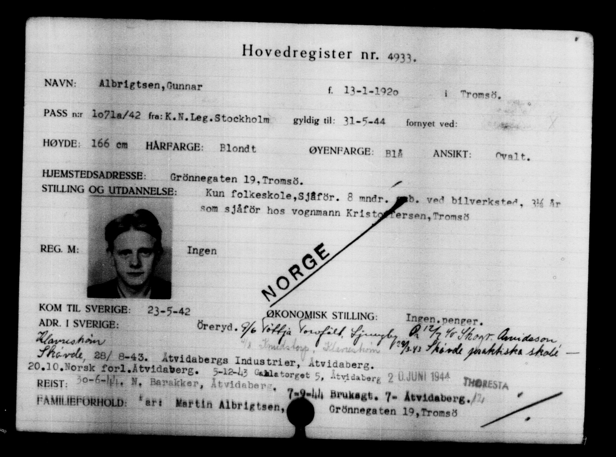 Utenriksstasjonene, Legasjonen i Stockholm, Flyktningkontoret, AV/RA-S-6753/V/Va/L0004: Kjesäterkartoteket, flyktninger med registreringsnr. 3496-6610, 1940-1945, s. 1702