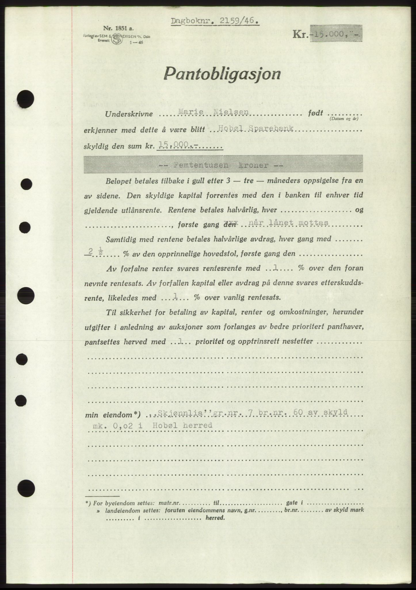 Moss sorenskriveri, SAO/A-10168: Pantebok nr. B15, 1946-1946, Dagboknr: 2159/1946