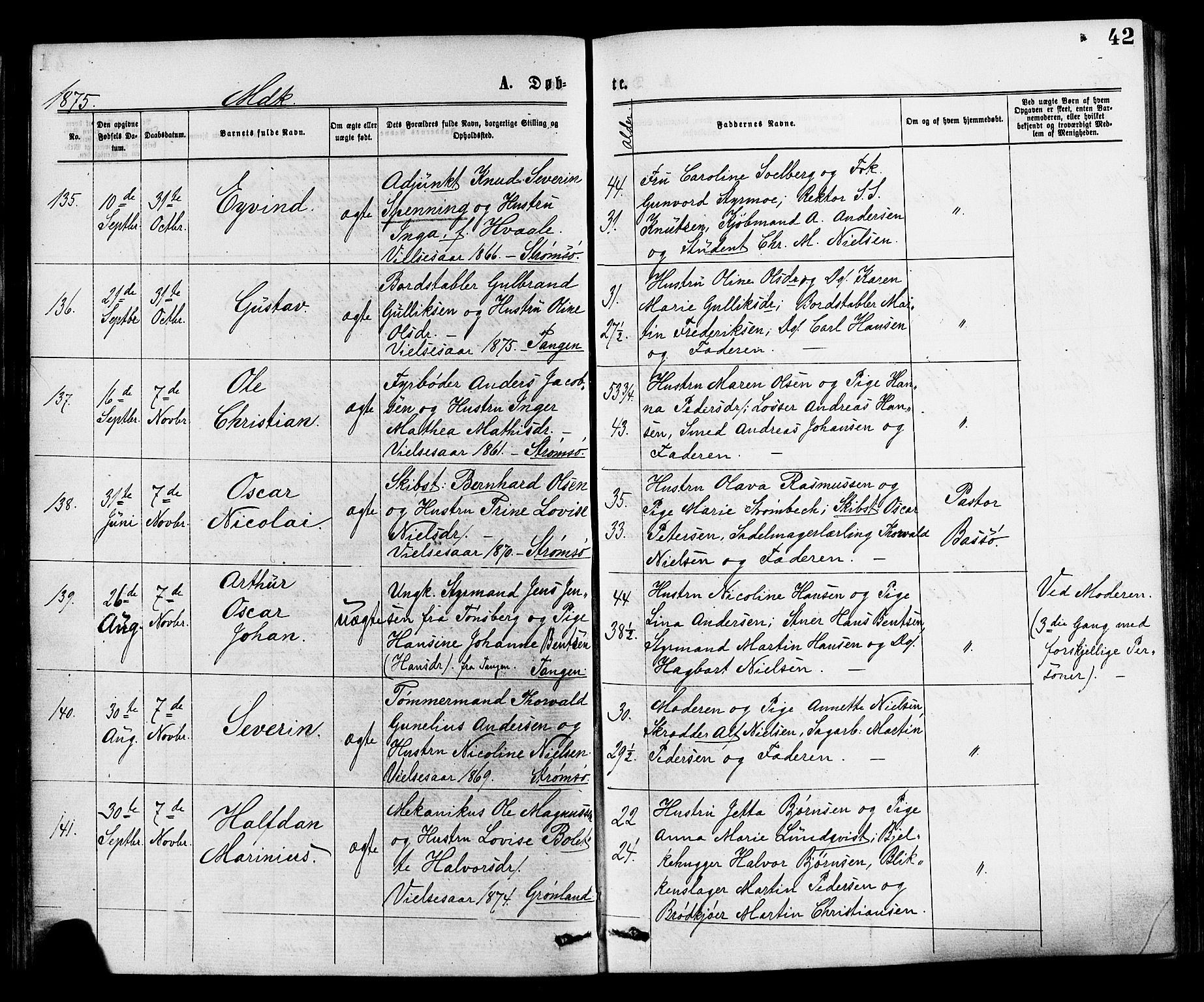 Strømsø kirkebøker, AV/SAKO-A-246/F/Fa/L0019: Ministerialbok nr. I 19, 1874-1877, s. 42