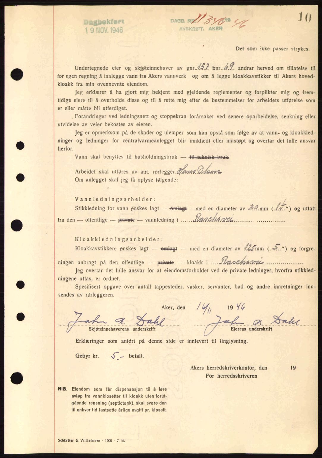 Aker herredsskriveri, AV/SAO-A-10896/G/Gb/Gba/Gbab/L0072: Pantebok nr. A191-192, 1946-1946, Dagboknr: 11346/1946