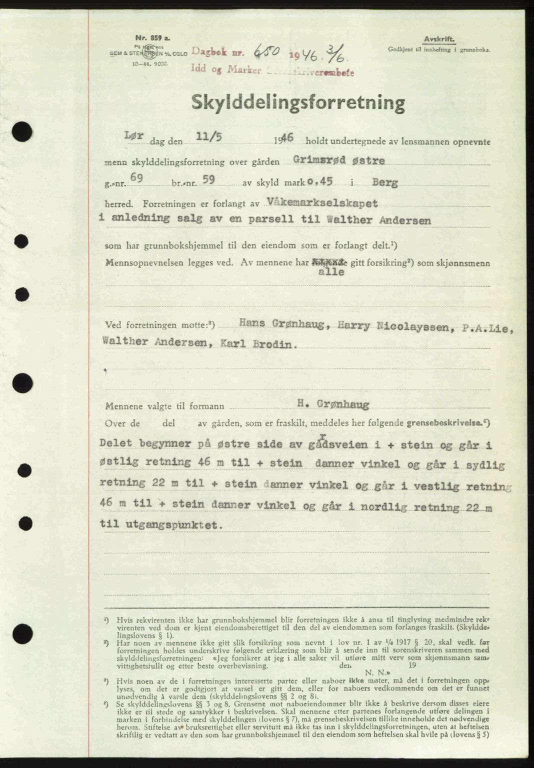 Idd og Marker sorenskriveri, AV/SAO-A-10283/G/Gb/Gbb/L0008: Pantebok nr. A8, 1946-1946, Dagboknr: 650/1946