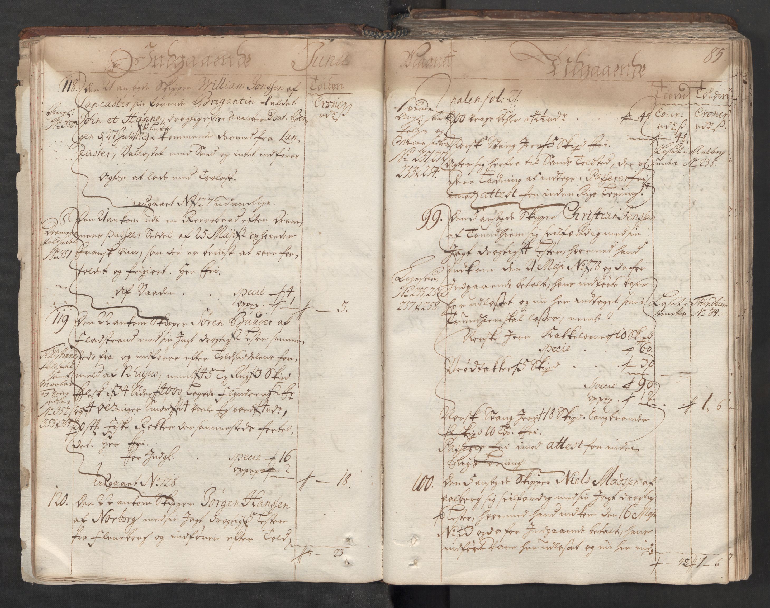 Generaltollkammeret, tollregnskaper, AV/RA-EA-5490/R06/L0012/0001: Tollregnskaper Kristiania / Hovedtollbok, 1731, s. 84b-85a